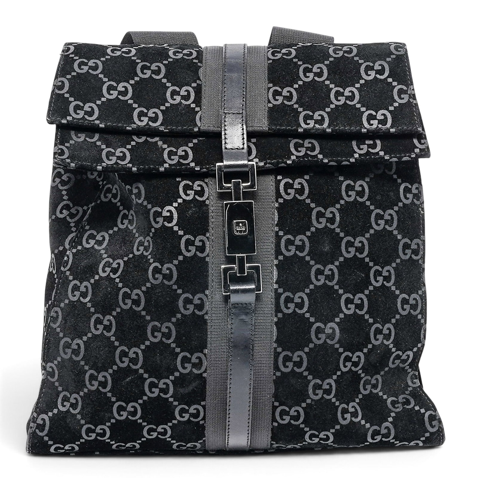 Gucci Vintage Black Suede Monogram Jackie Backpack: Gucci Vintage Black Suede Monogram Jackie Backpack 1997, Italy Gucci Vintage Jackie Backpack crafted from black suede with GG monogram detailing and black calfskin trim. Features silver-tone hardware 