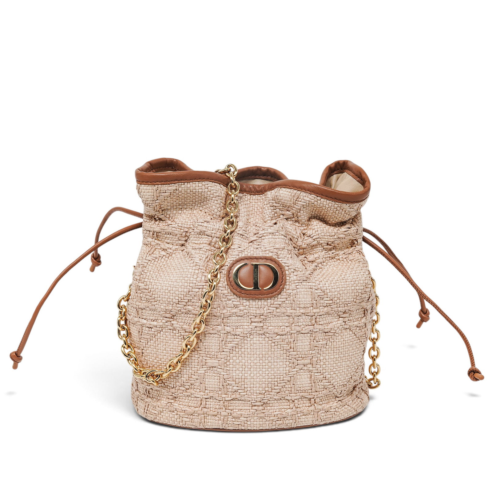 Christian Dior "Miss Caro" Raffia Bucket Bag: Christian Dior "Miss Caro" Raffia Bucket Bag 2025, Italy Christian Dior Miss Caro Bucket Bag crafted from raffia, featuring a relaxed bucket silhouette and signature CD detailing. Includes a shoulder 