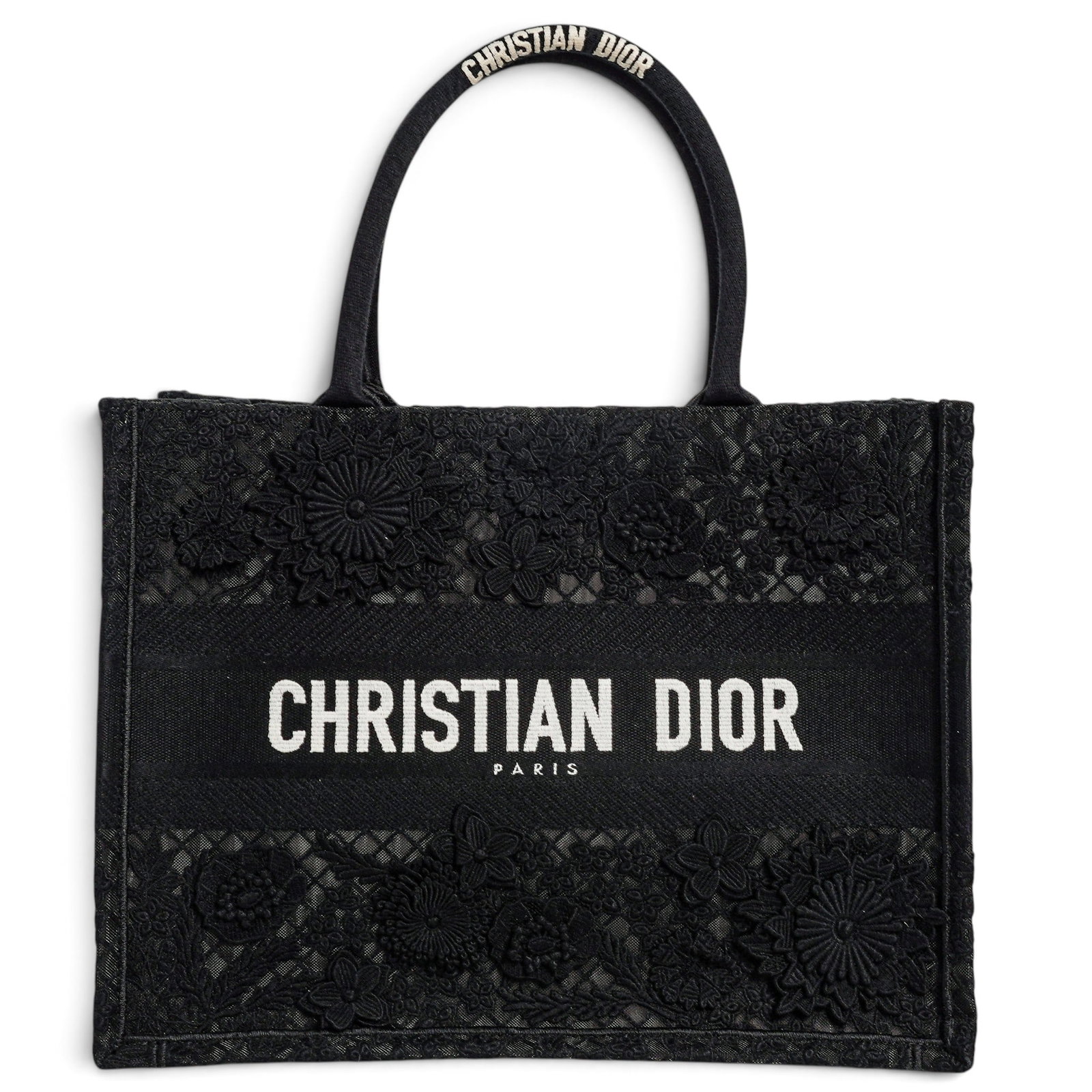 Christian Dior "Book Tote" Medium Black Lace: Christian Dior "Book Tote" Medium Black Lace 2023, France Christian Dior Medium Book Tote crafted from black lace, featuring the signature Dior lettering. Comes with the box and the dust bag. 14" L x 