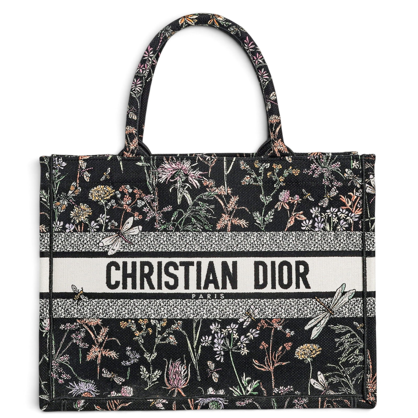 Christian Dior Medium "Book Tote" Jardin Botanique Embroidery: Christian Dior Medium "Book Tote" Jardin Botanique Embroidery 2023, France Christian Dior Medium Book Tote featuring the Jardin Botanique embroidery, showcasing an intricate botanical motif across the