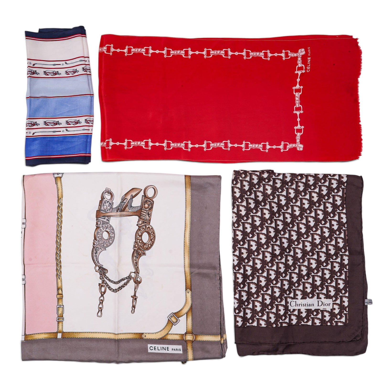 4 (pc) Printed Silk Celine & Dior Scarves: 4 (pc) Printed Silk Celine & Dior Scarves 2000's, France This lot consists of: 3 Celine Silk Scarves 1 Dior Silk Oblique Scarf