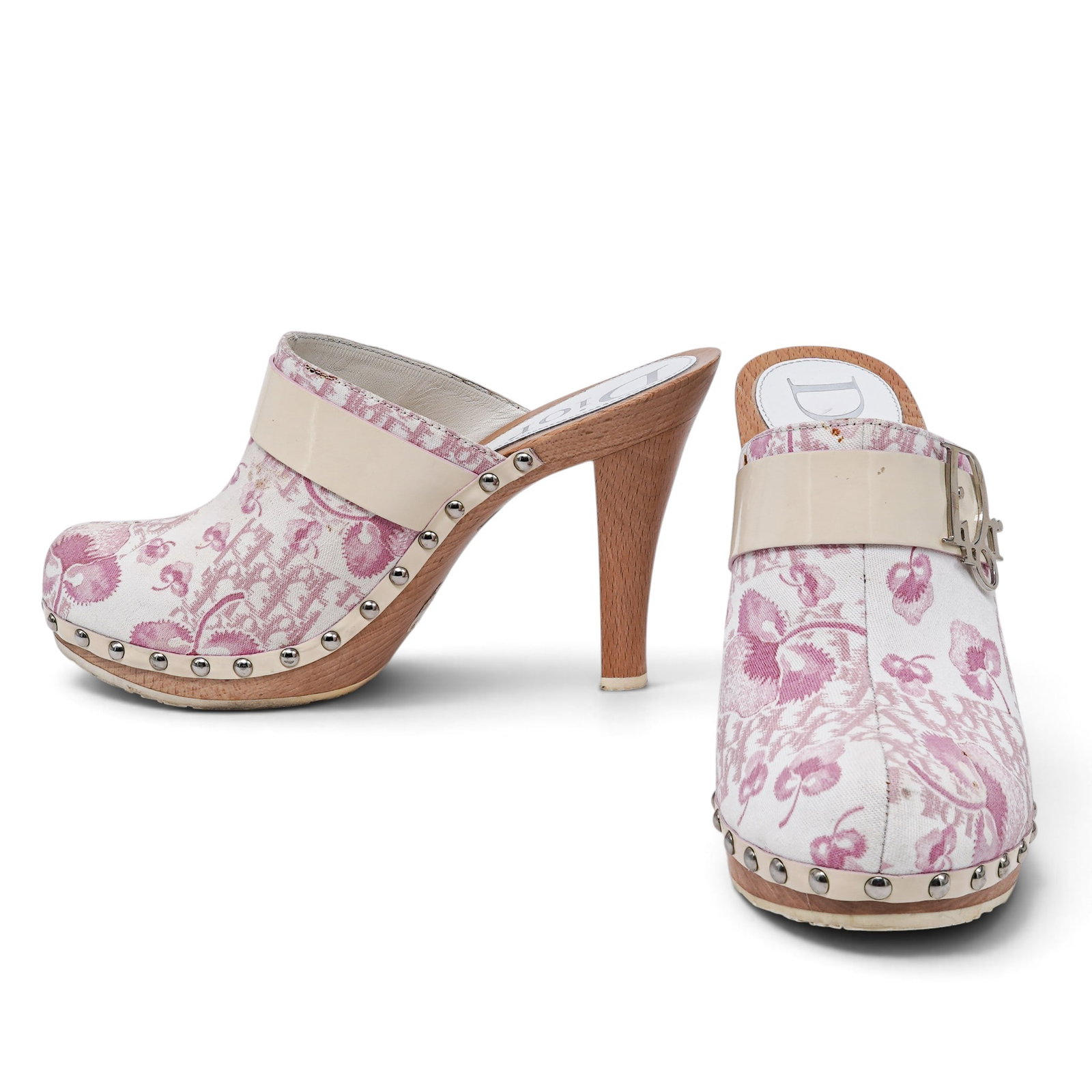 Christian Dior Pink Cherry Blossom Oblique Print Clogs: Christian Dior Pink Cherry Blossom Oblique Print Clogs 2000's, USA Property of a Real Housewife of Miami: Lea Black Christian Dior pink cherry blossom Oblique print clogs featuring the signature Dior