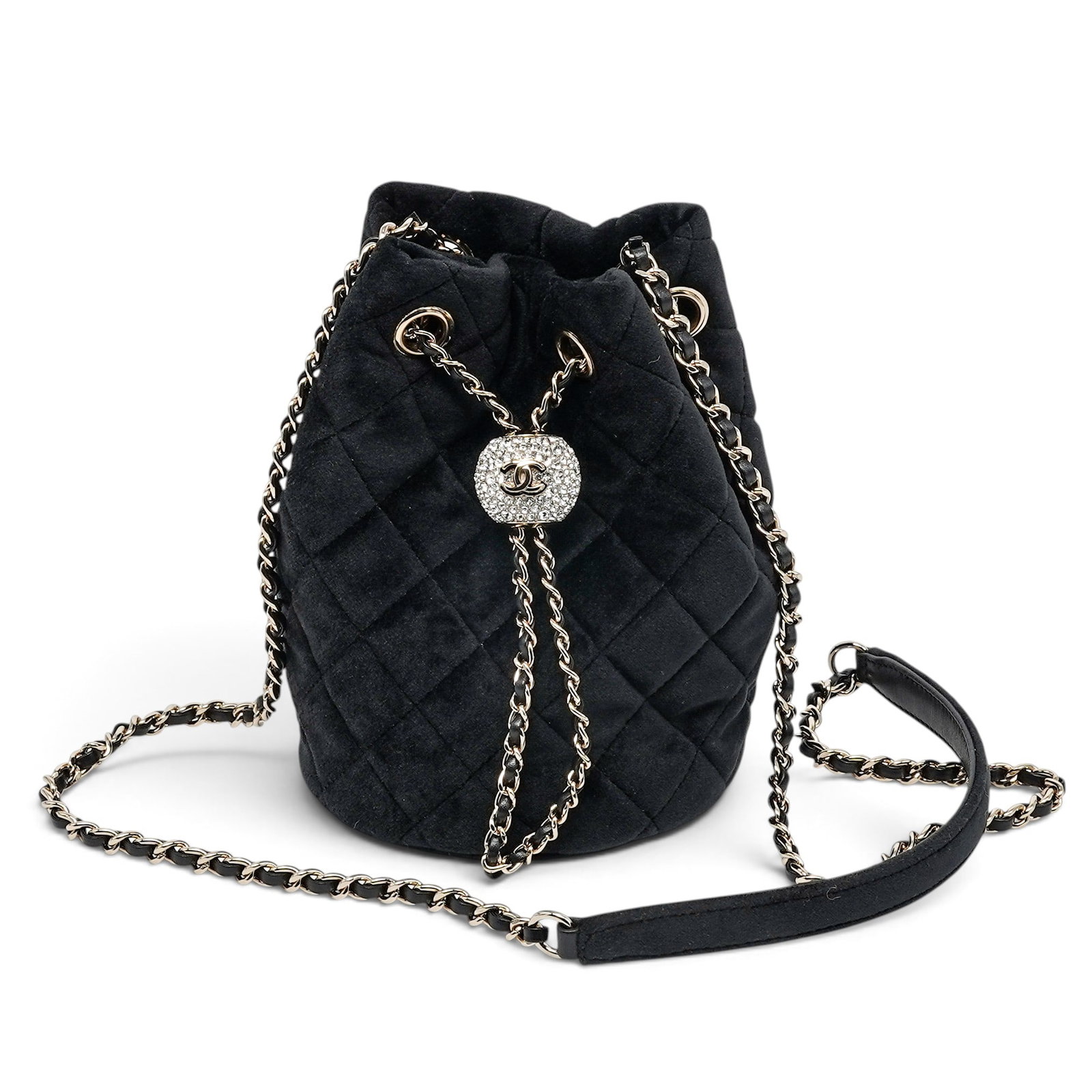 Chanel "Pearl Crush" Black Quilted Velvet Bucket Bag: Chanel "Pearl Crush" Black Quilted Velvet Bucket Bag 2020, Italy Chanel Pearl Crush Bucket Bag crafted from black velvet with diamond quilting, drawstring closure, and leather woven chain strap.
