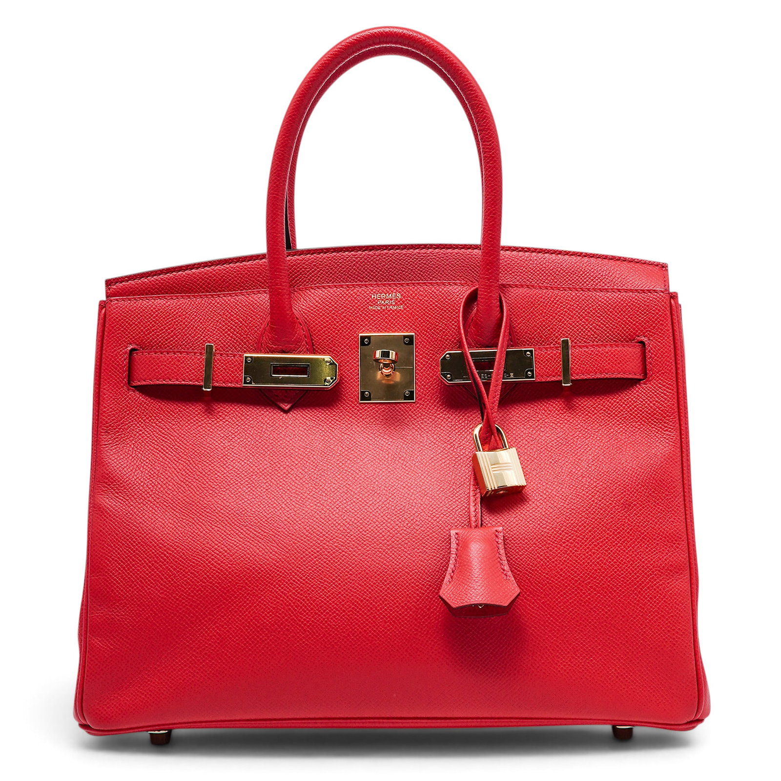 Hermes "Birkin" 30cm Rouge Vif Epsom Leather: Hermes "Birkin" 30cm Rouge Vif Epsom Leather C (2018), France Hermès Birkin 30 crafted from red Epsom leather with gold-plated hardware. Includes the box, dust bag, lock, keys, clochette. 11.8" L x