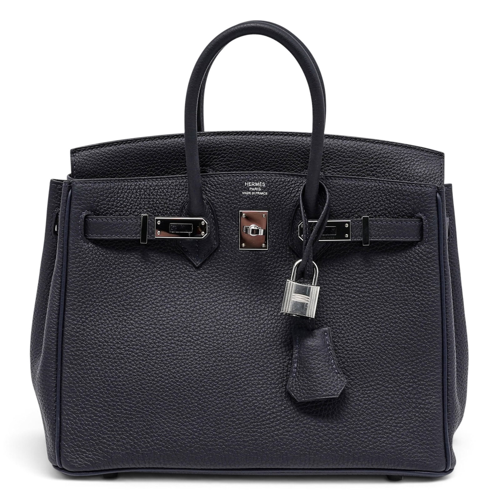 Hermes "Birkin" 25cm Indigo Blue Togo Leather: Hermes "Birkin" 25cm Indigo Blue Togo Leather C (2018), France Hermès Birkin 30 crafted from Noir Togo leather with palladium-plated hardware. Includes the box, dust bag, lock, keys, clochette &