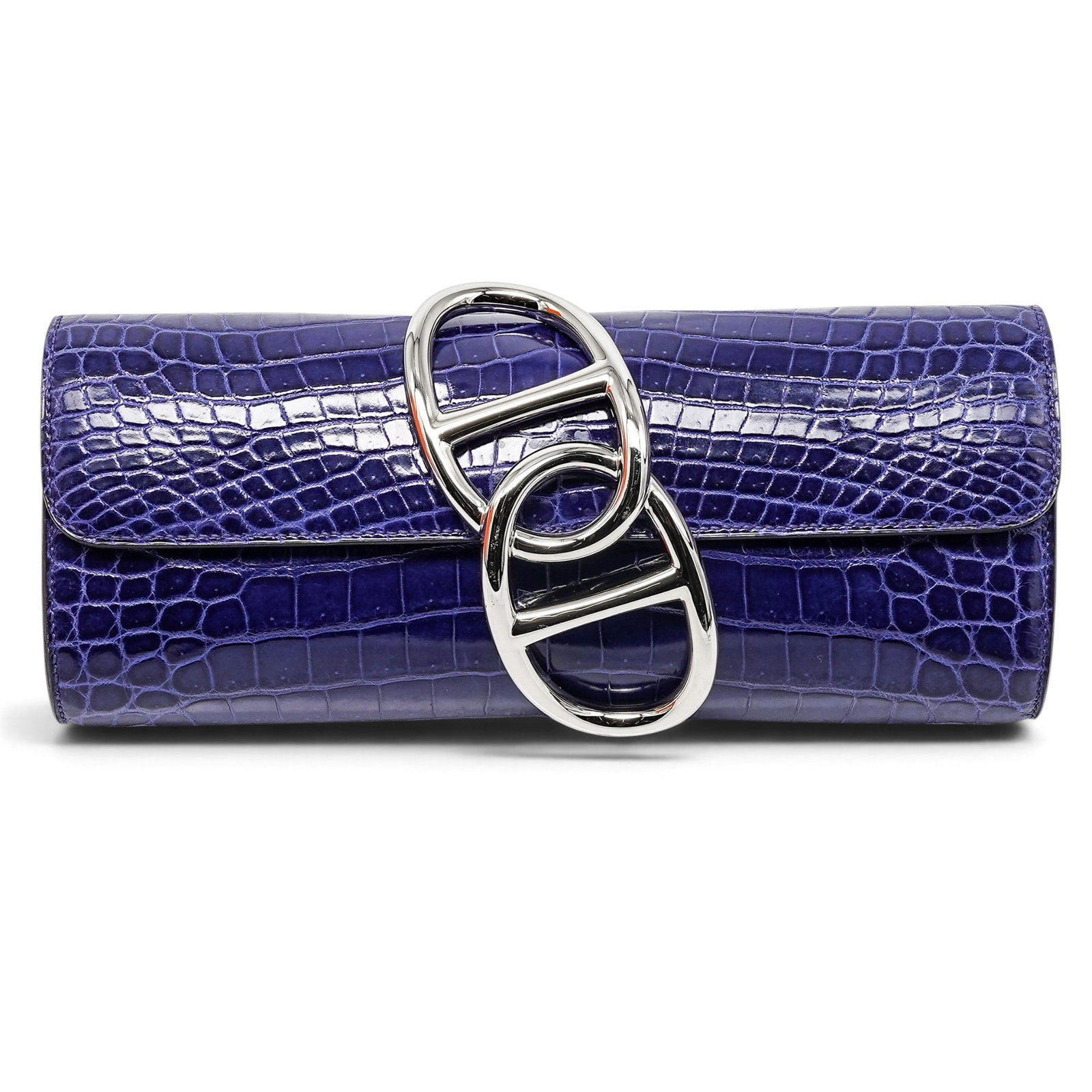 Hermes "Egee" Clutch Blue Electrique Crocodile: Y Y Hermes "Egee" Clutch Blue Electrique Crocodile R (2014), France Hermès Égée Clutch crafted from Bleu Électrique Niloticus crocodile with polished palladium hardware and the signature Égée