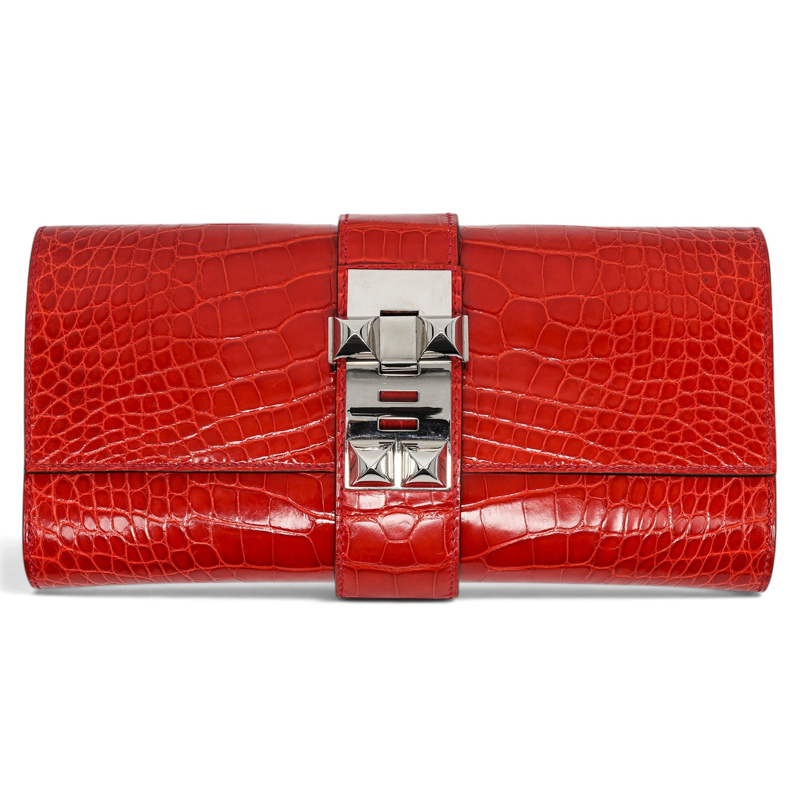 Hermes "Medor" Clutch 23cm Geranium Red Alligator: Y Y Hermes "Medor" Clutch 23cm Geranium Red Alligator R (2014), France Hermès Médor 23 Clutch crafted from Rouge Géranium Mississippiensis Alligator, featuring signature Médor pyramid studs and