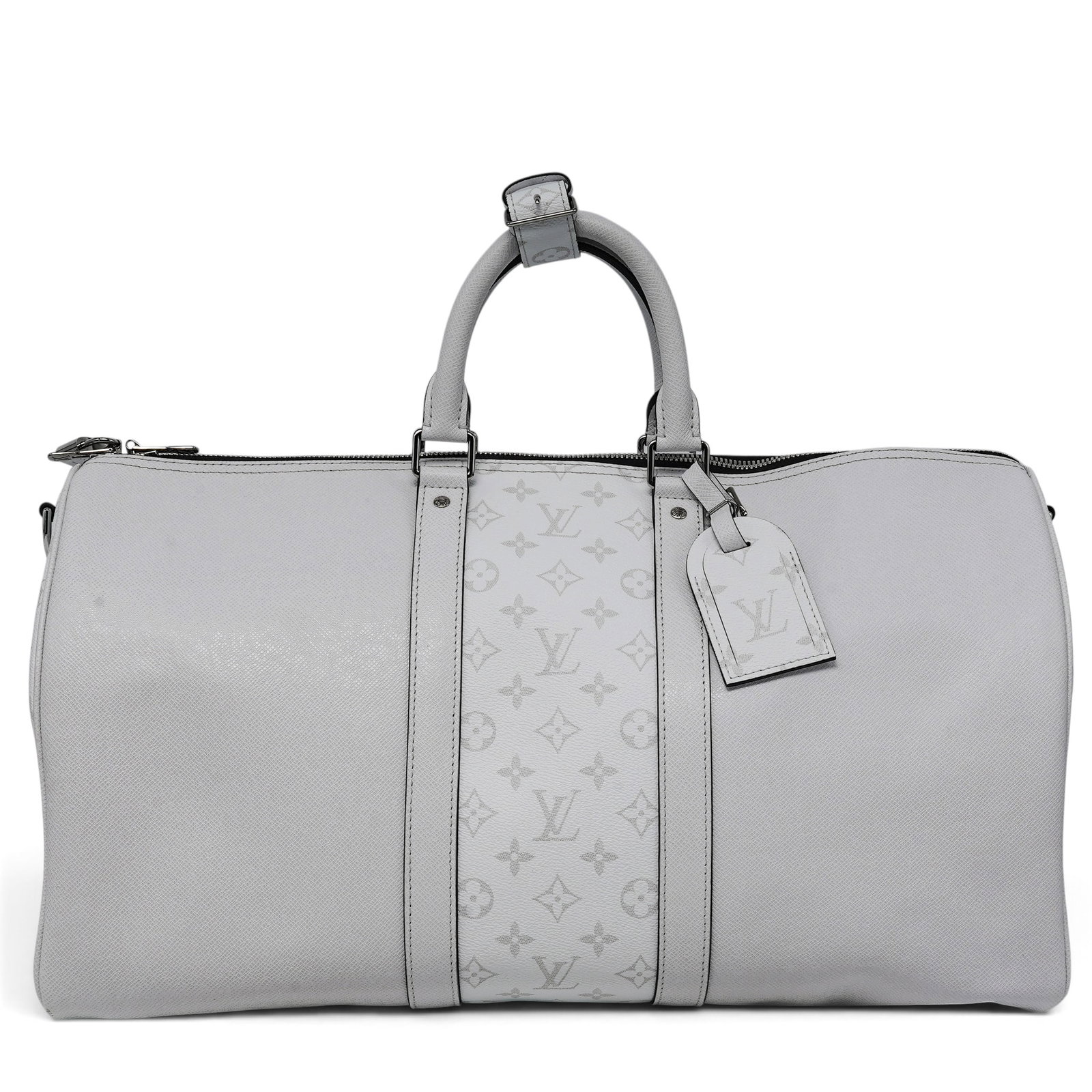 Louis Vuitton "Keepall" 50 White Monogram Taigarama: Louis Vuitton "Keepall" 50 White Monogram Taigarama 2020's, France Louis Vuitton Keepall Bandoulière 50 Taigarama featuring white Taiga cowhide leather and white Monogram coated canvas, rolled