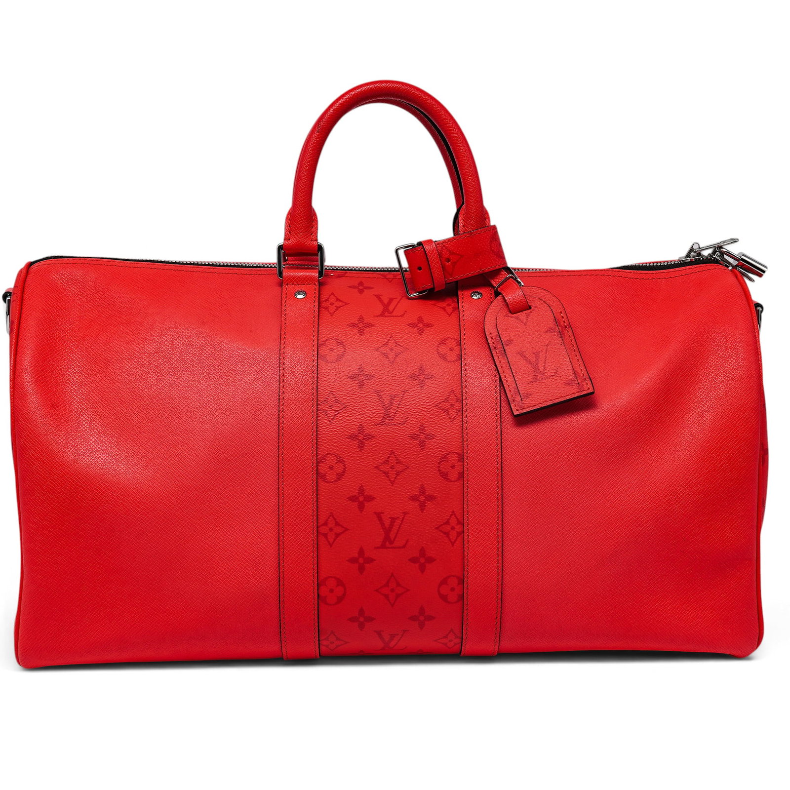 Louis Vuitton "Keepall" 50 Red Monogram Taigarama: Louis Vuitton "Keepall" 50 Red Monogram Taigarama 2020's, France Louis Vuitton Keepall Bandoulière 50 Taigarama featuring red Taiga cowhide leather and red Monogram coated canvas, rolled leather top