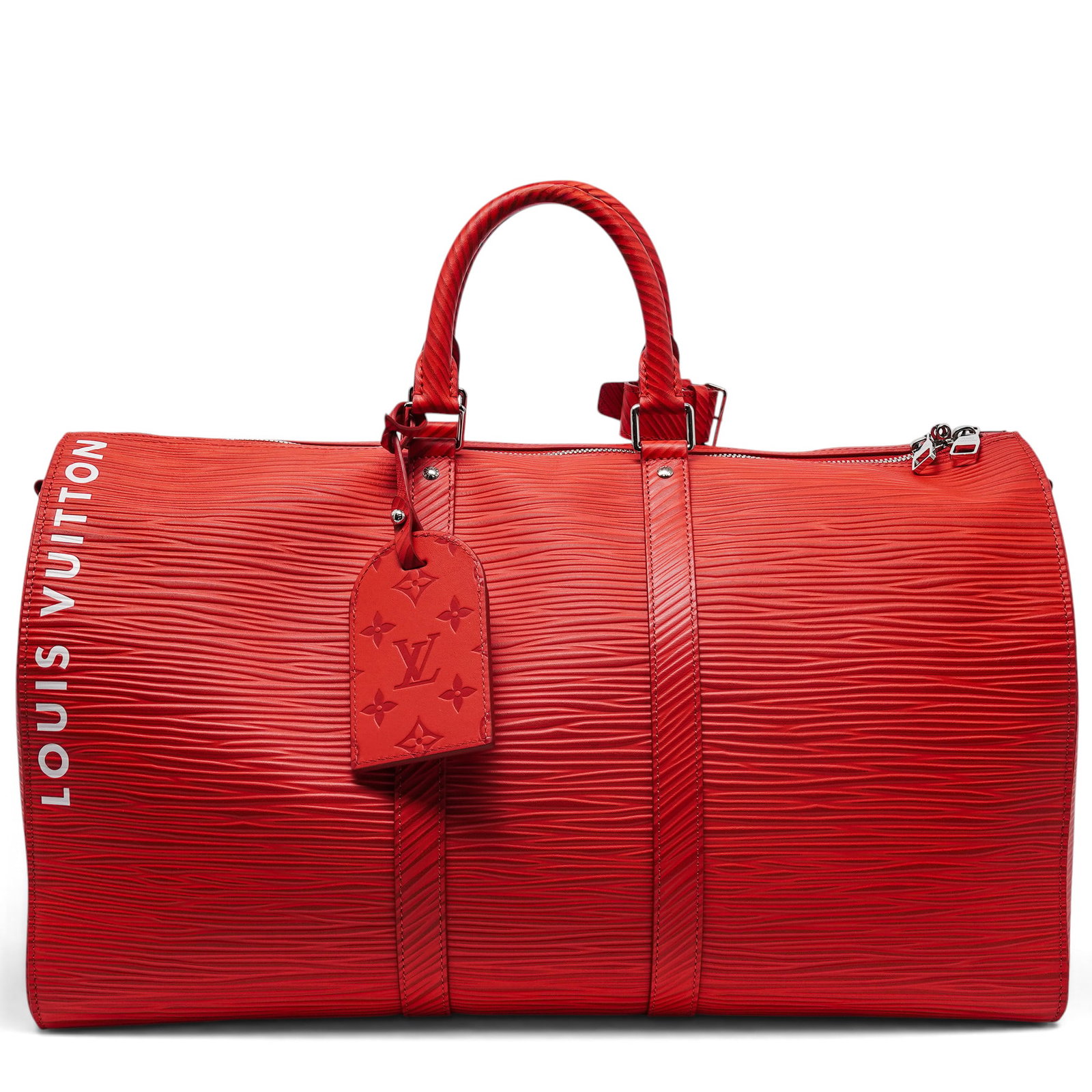 Louis Vuitton "Keepall" 50 Vermillion Red Epi Leather: Louis Vuitton "Keepall" 50 Vermillion Red Epi Leather 2023, France Louis Vuitton Keepall Bandoulière 50 featuring Vermillion red Epi leather, rolled leather top handles, and silver-tone hardware.