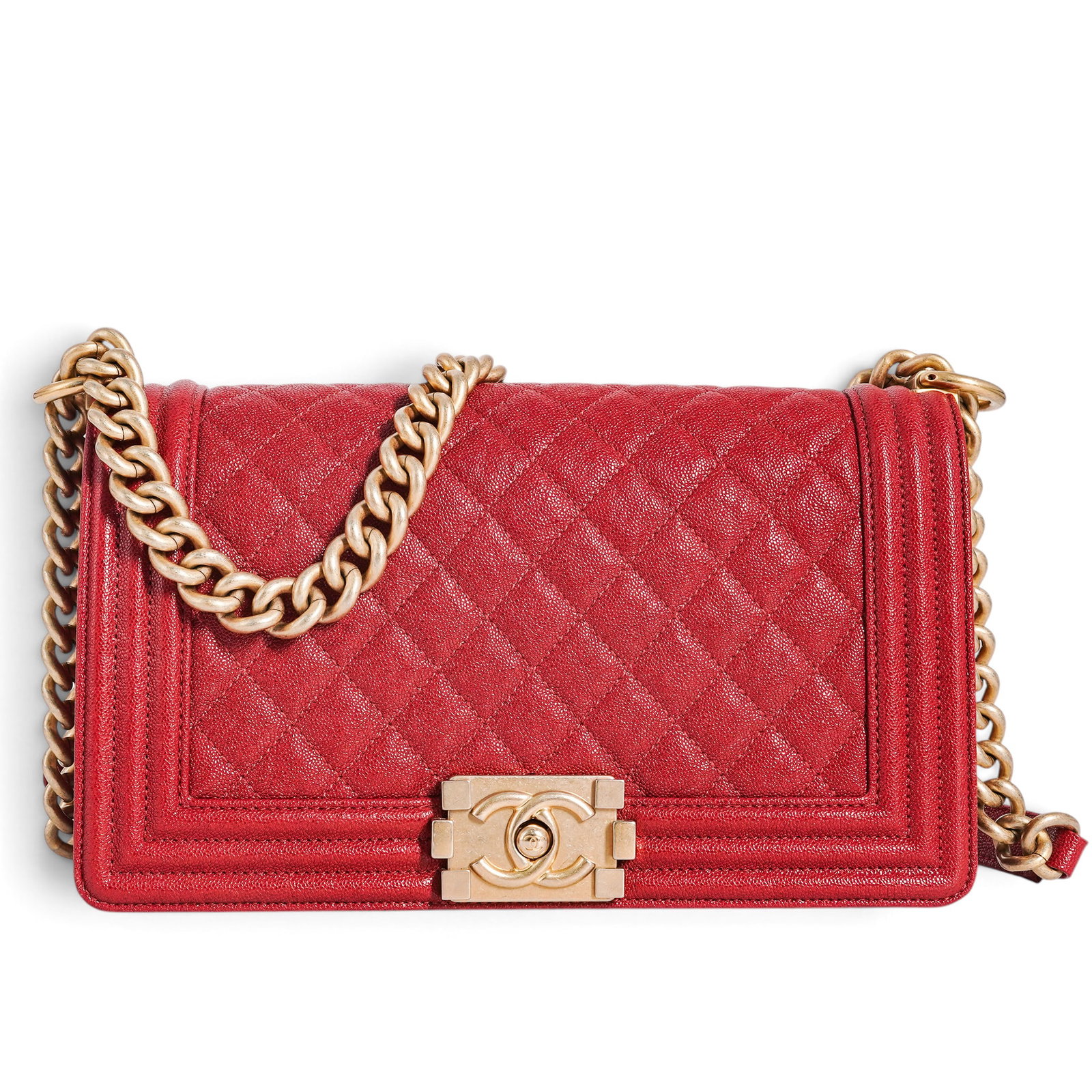 Chanel Medium Boy Bag Red Caviar Leather Gold Hardware: Chanel Medium Boy Bag Red Caviar Leather Gold Hardware 2019, France Chanel Medium Boy Bag crafted from red caviar leather with gold-tone hardware, featuring the signature CC push-lock closure and