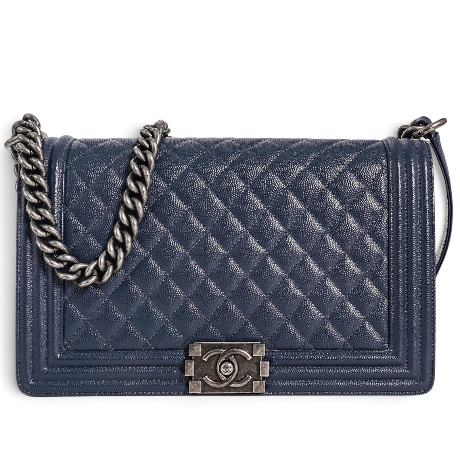 Chanel Large Boy Bag Blue Caviar Leather Ruthenium Hardware: Chanel Large Boy Bag Blue Caviar Leather Ruthenium Hardware 2018, France Chanel Large Boy Bag crafted from blue caviar leather with ruthenium hardware, featuring the signature CC push-lock closure and