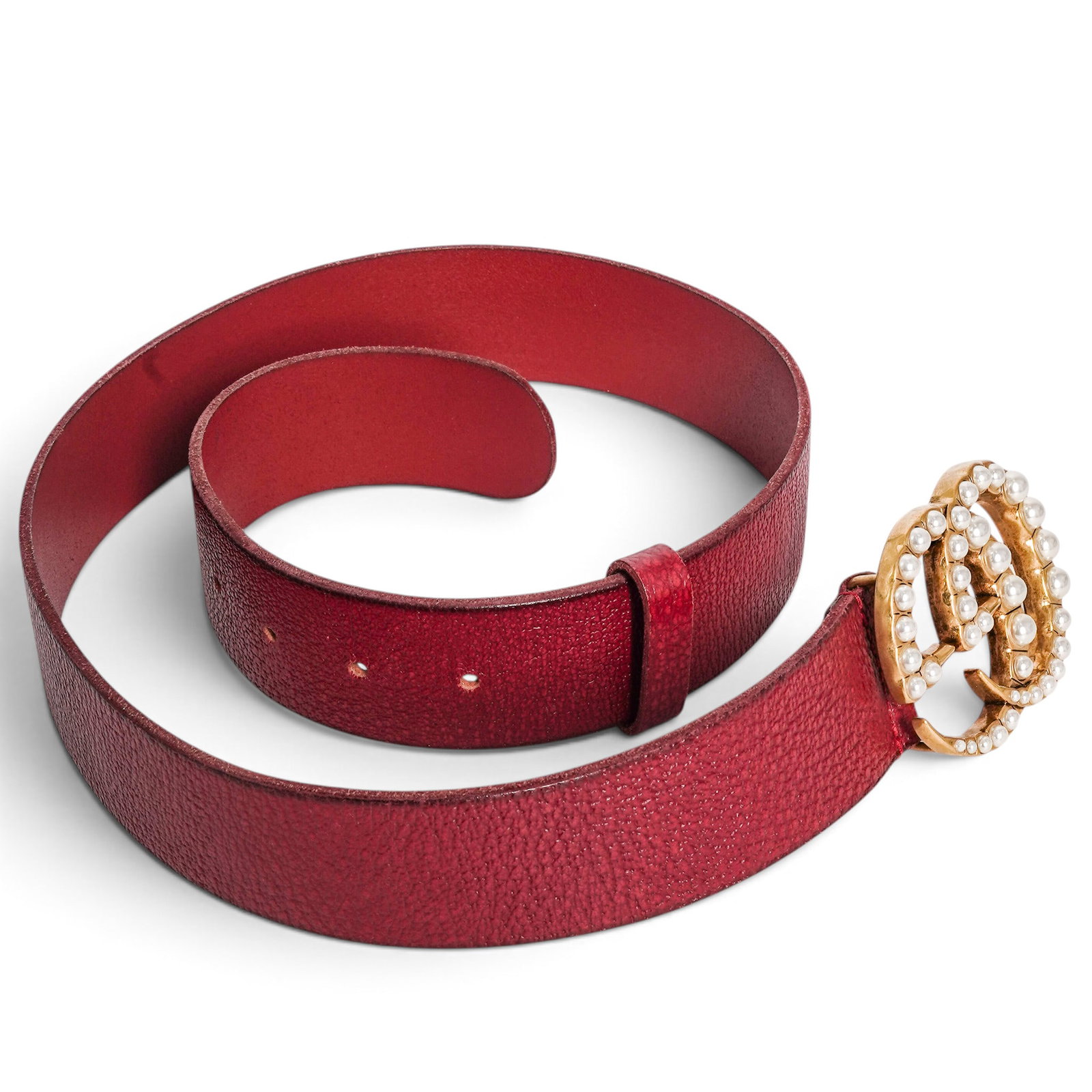 Gucci "Marmont" Red Leather Pearl GG Buckle Belt: Gucci "Marmont" Red Leather Pearl GG Buckle Belt 2020's, Italy Gucci "Marmont" belt crafted from red pebbled leather with a faux-pearl studded gold-tone Double G buckle. Retail Cost: $650 38" from