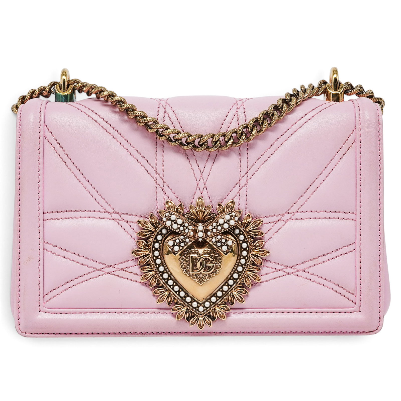 Dolce & Gabbana Medium "Devotion" Pink Lambskin Leather Bag: Dolce & Gabbana Medium "Devotion" Pink Lambskin Leather Bag 2020's, Italy Dolce & Gabbana Medium Devotion Bag crafted from pink lambskin with soft quilting and the signature gold-tone jeweled heart