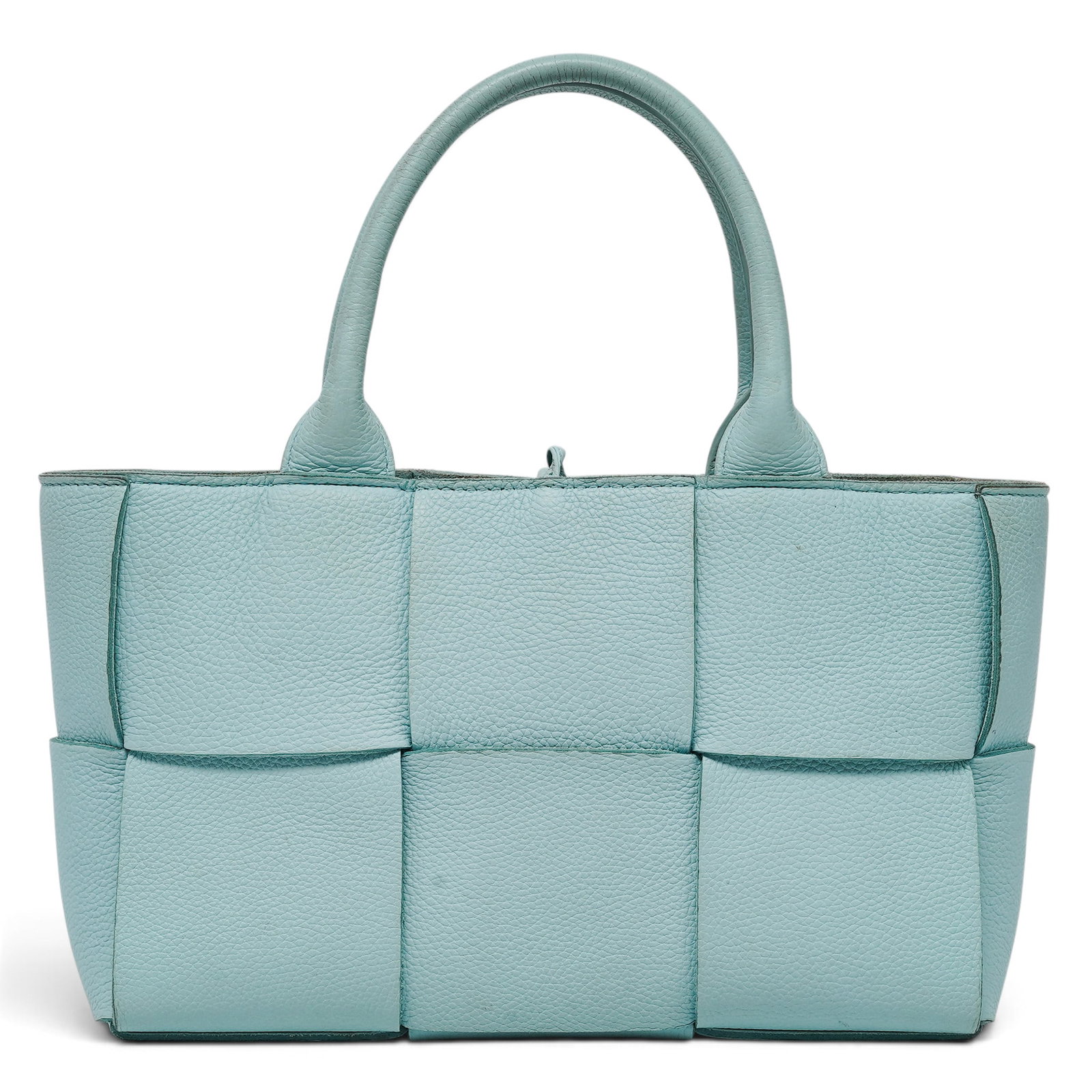 Bottega Veneta "Mini Arco" Tote Light Blue Leather Bag: Bottega Veneta "Mini Arco" Tote Light Blue Leather Bag 2020's, Italy Bottega Veneta Mini Arco Tote crafted from smooth light blue leather with the oversized intrecciato weave. Features rolled top