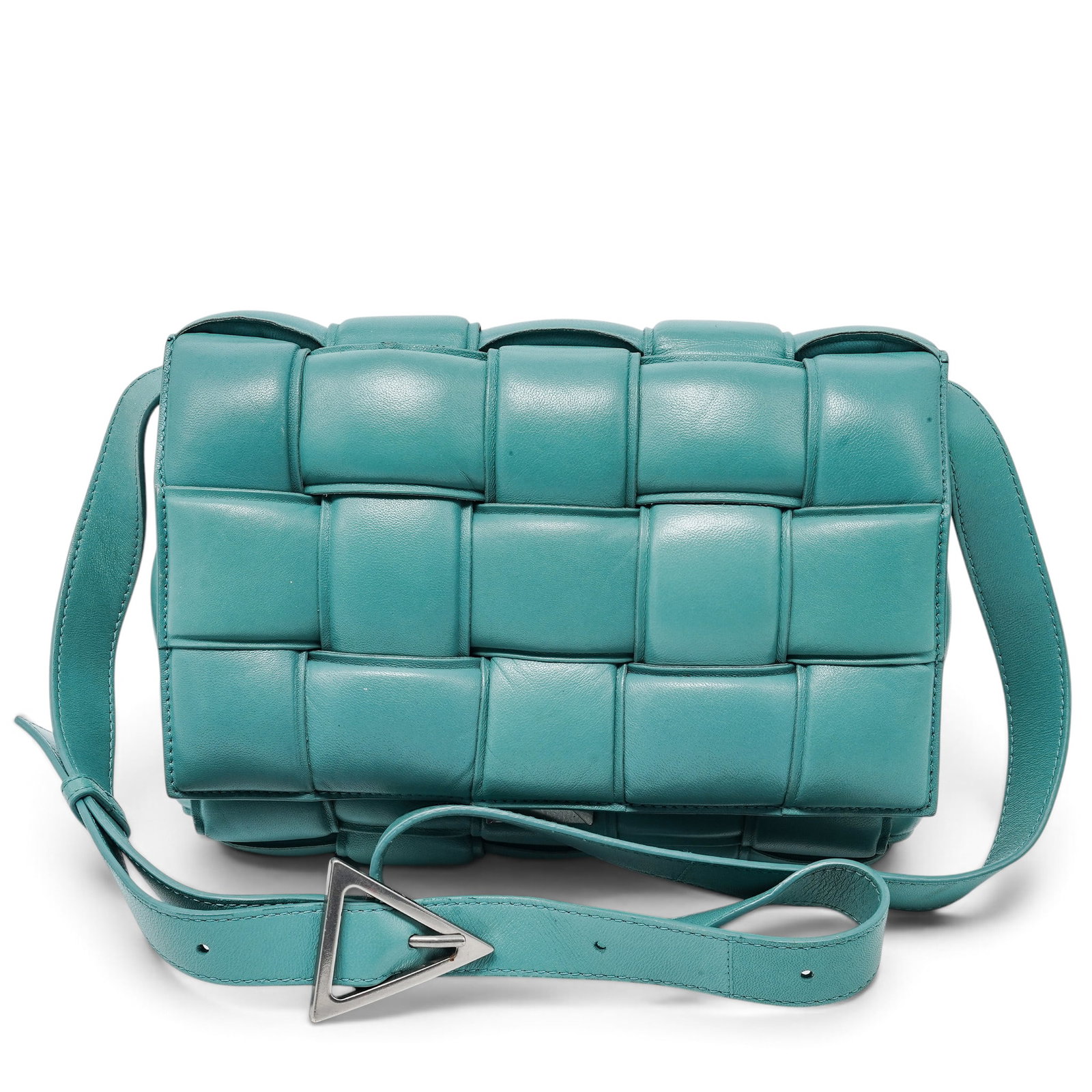 Bottega Veneta "Padded Cassette" Blue Leather: Bottega Veneta "Padded Cassette" Blue Leather 2020's, Italy Bottega Veneta Padded Cassette crafted from blue leather with the signature oversized intrecciato weave and padded construction. Features a