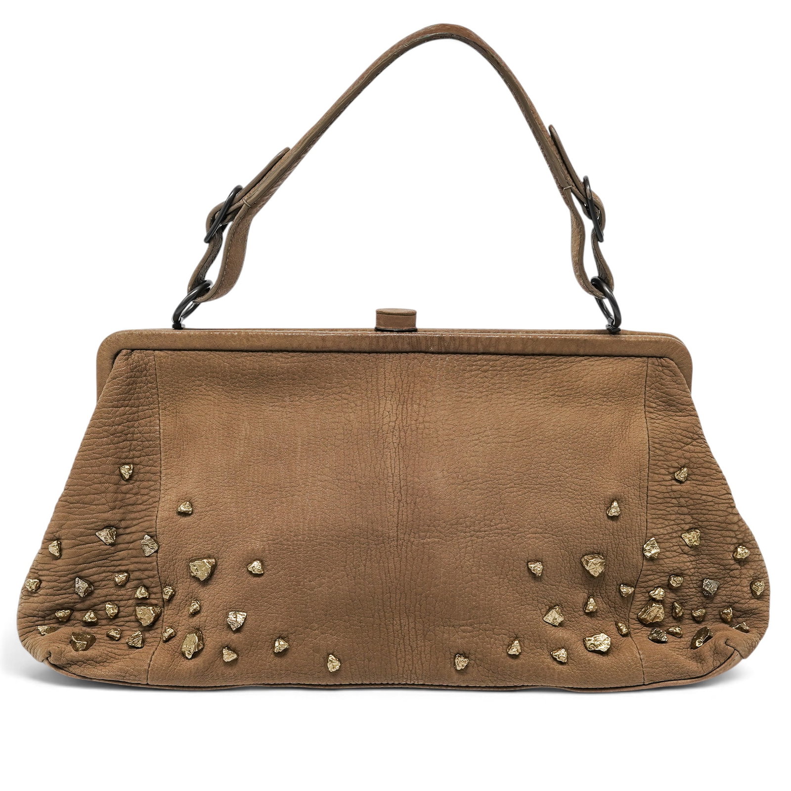Bottega Veneta Gold Nugget Studded Nubuck Frame Bag: Bottega Veneta Gold Nugget Studded Nubuck Frame Bag 2000's, Italy Property of a Real Housewife of Miami: Lea Black Bottega Veneta Frame-Top Bag crafted from sand pebbled nubuck leather with