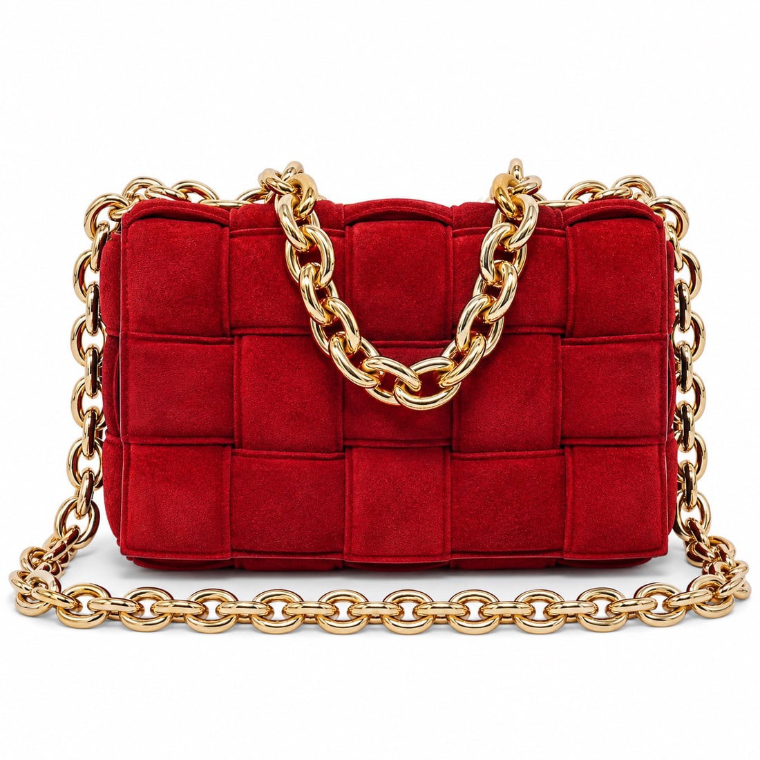 Bottega Veneta "Padded Chain Cassette" Red Suede: Bottega Veneta "Padded Chain Cassette" Red Suede 2020's, Italy Bottega Veneta Padded Chain Cassette crafted from plush red suede with the signature oversized intrecciato weave and padded