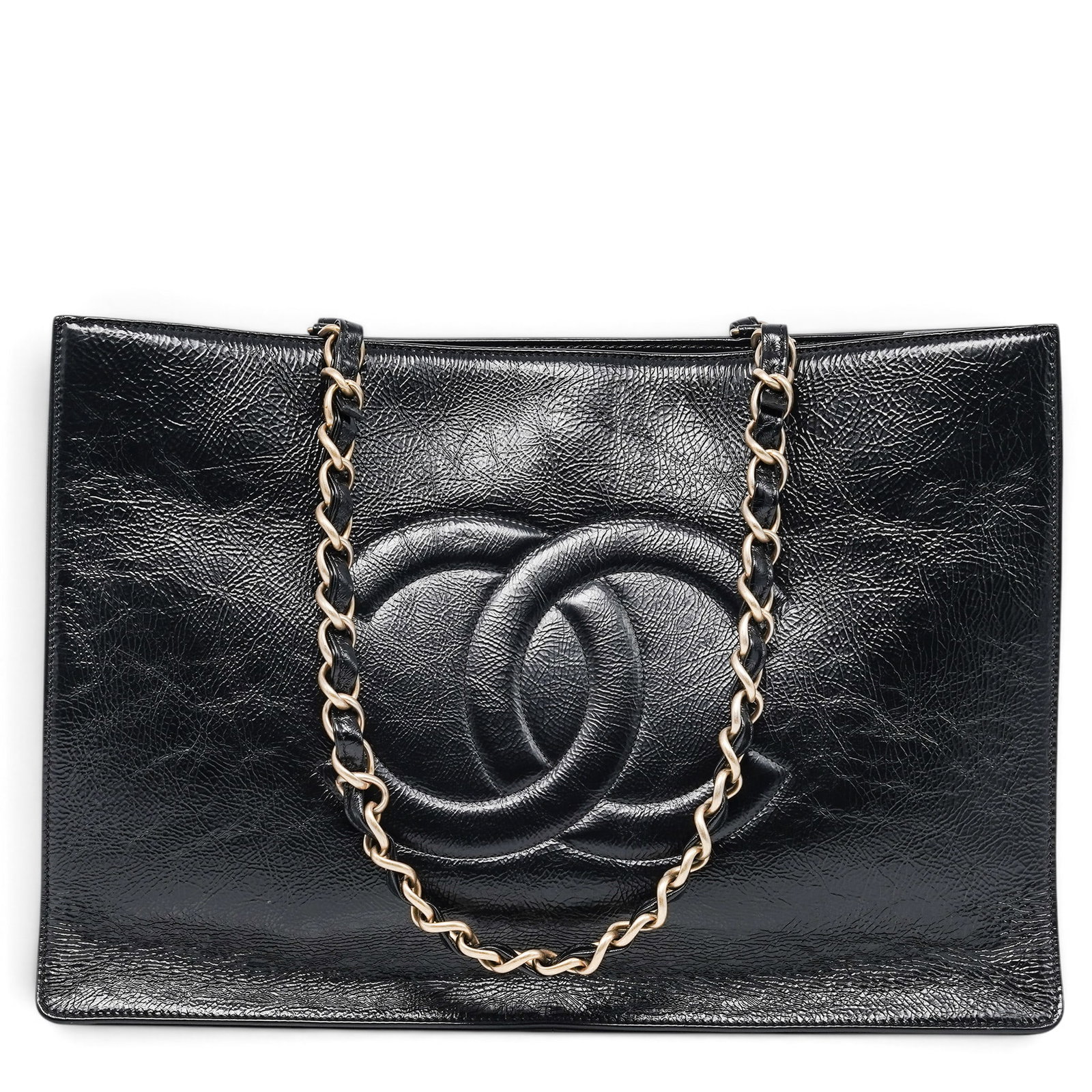 Chanel Black Shiny Aged Calfskin Shopping Tote: Chanel Black Shiny Aged Calfskin Shopping Tote 2019, Italy Chanel Shopping Tote crafted from black shiny glazed calfskin with quilted detailing and leather-interwoven chain straps. Features a signatur