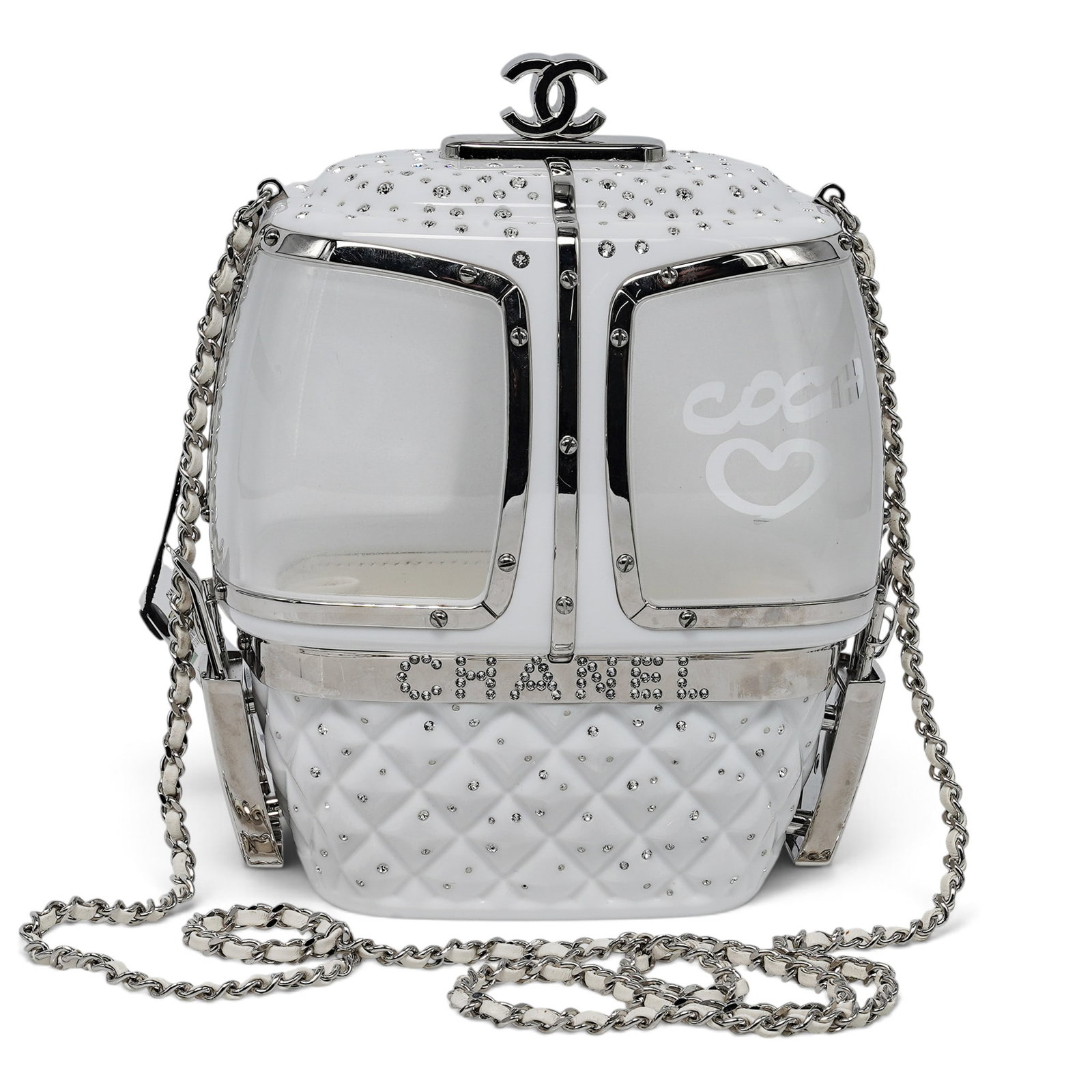 Chanel "Gondola" White Plexiglass Minaudière: Chanel "Gondola" White Plexiglass Minaudière 2019, Italy Chanel Gondola Minaudière from the Fall/Winter 2019 Collection, crafted from white lucite with silver-tone hardware and crystal embellishment