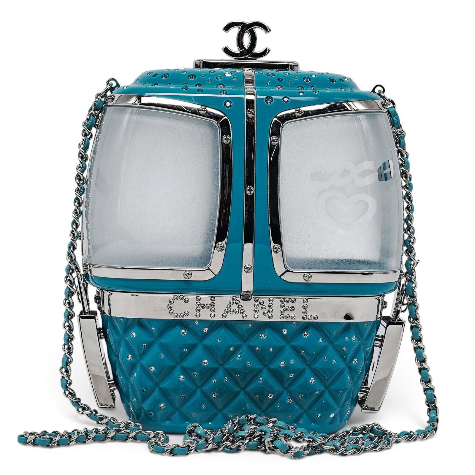 Chanel "Gondola" Blue Plexiglass Minaudière: Chanel "Gondola" Blue Plexiglass Minaudière 2019, Italy Chanel Gondola Minaudière from the Fall/Winter 2019 Collection, crafted from blue lucite with silver-tone hardware and crystal embellishments.
