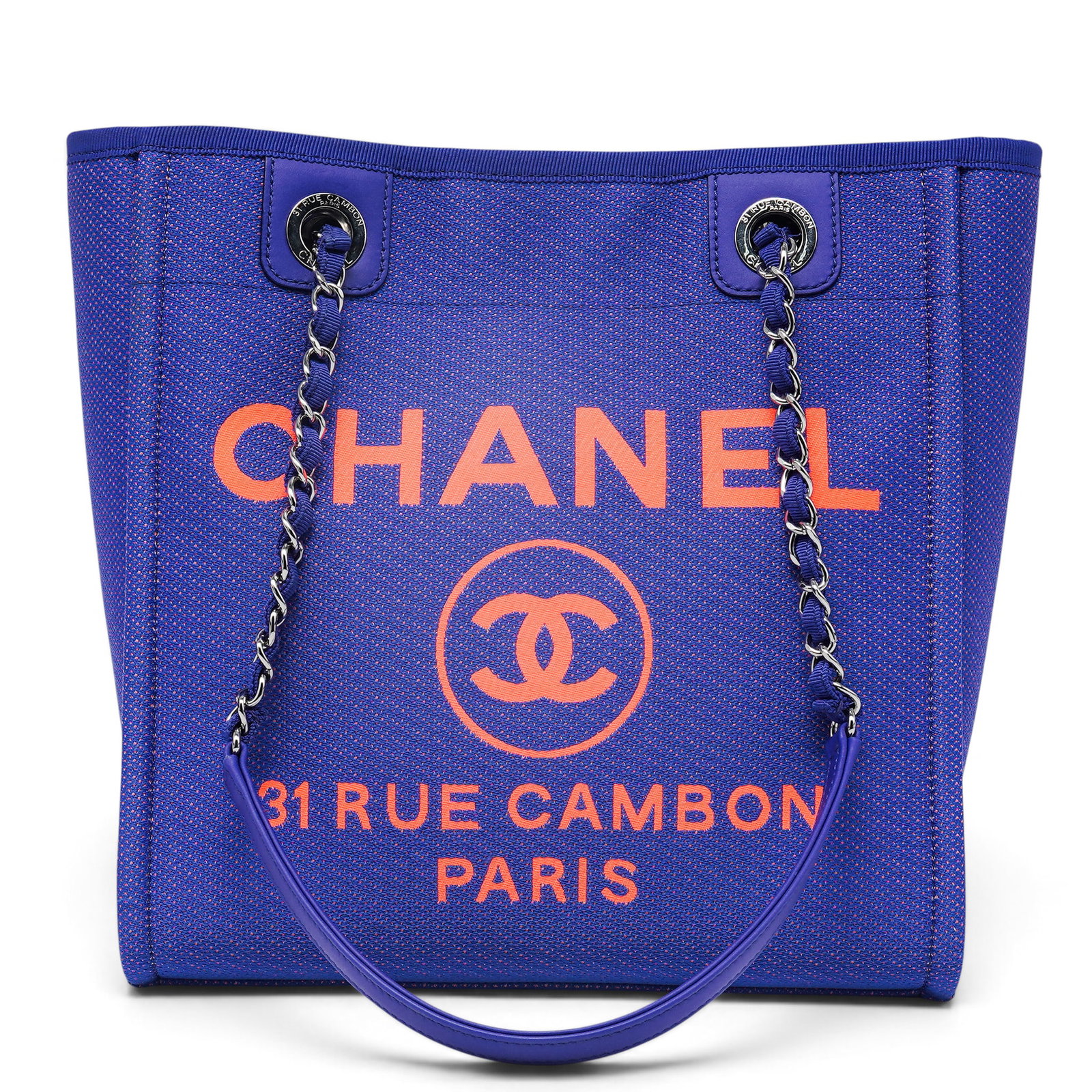 Chanel "Deauville" Small Shopping Tote Blue/Orange: Chanel "Deauville" Small Shopping Tote Blue/Orange 2021, Italy Chanel Deauville Medium Shopping Tote crafted from blue canvas with blue leather trim, orange lettering, and the Chanel logo. Features le
