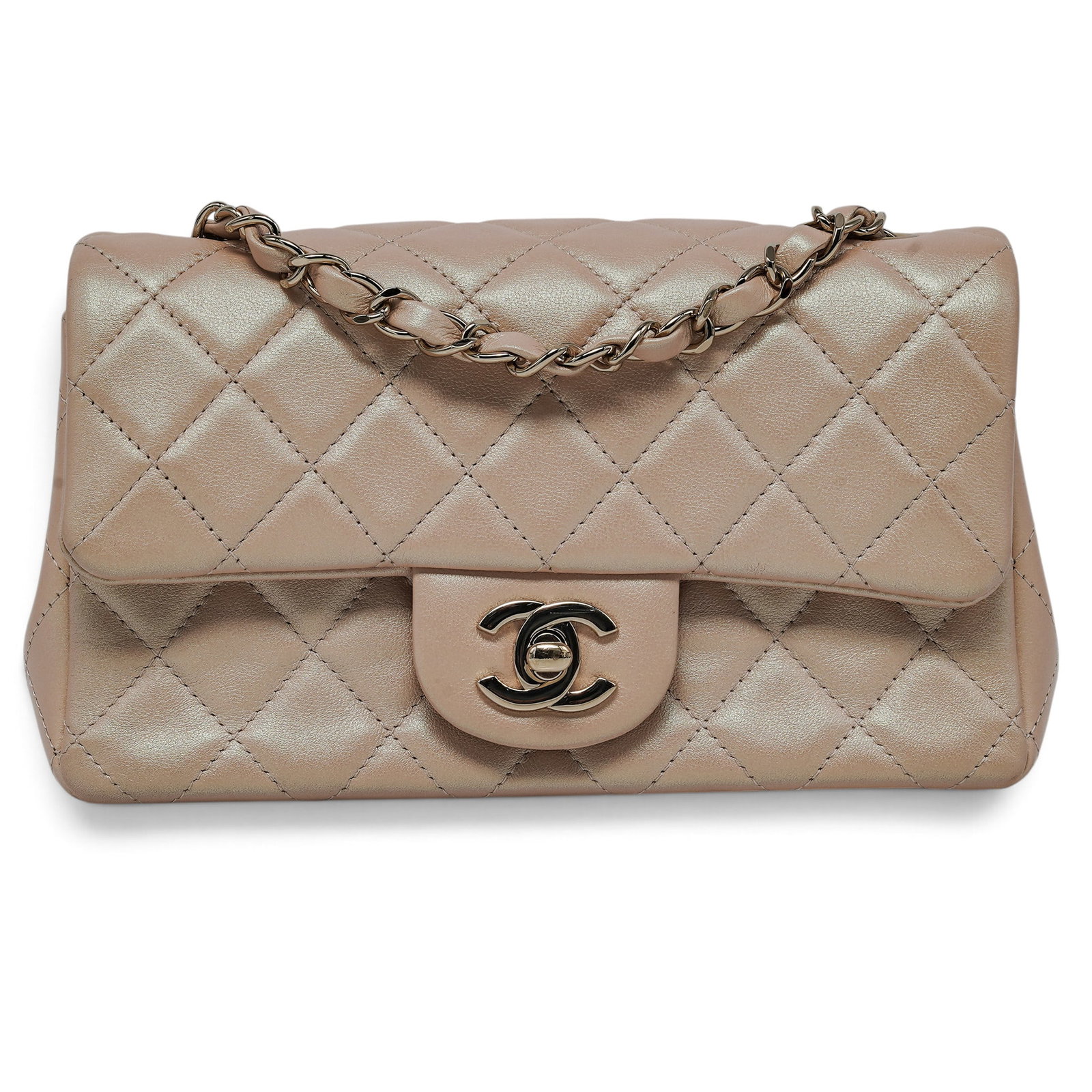 Chanel "Mini Rectangular" Flap Pearlescent Lambskin Leather: Chanel "Mini Rectangular" Flap Pearlescent Lambskin Leather 2021, Italy Chanel Mini Rectangular Flap crafted from pearlescent lambskin with a luminous, iridescent finish. Features silver-tone hardware