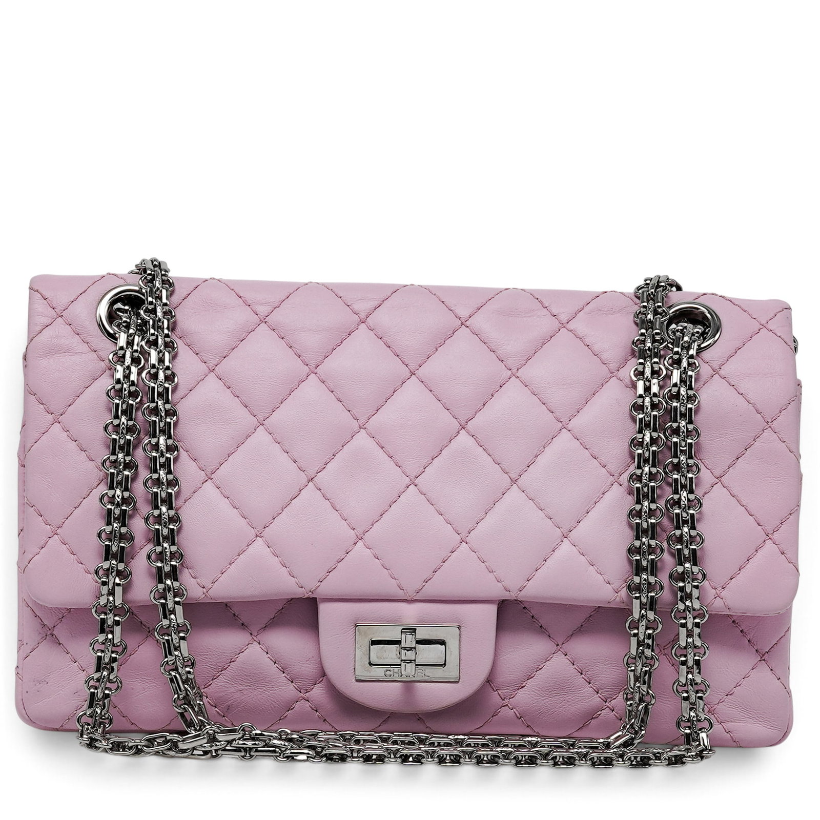 Chanel "Reissue" Double Flap 226 Light Pink Lambskin: Chanel "Reissue" Chanel Reissue 226 Double Flap crafted from light pink lambskin with silver-tone hardware and diamond quilting. Features the signature Mademoiselle turn-lock, chain strap, and