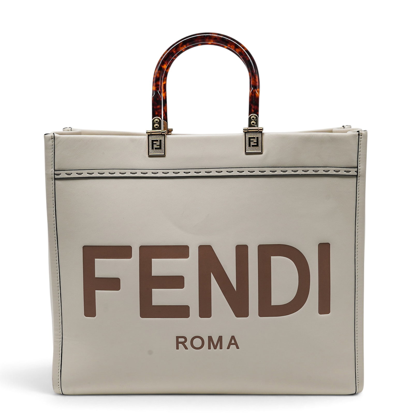 Fendi "Sunshine" White Leather Tote Bag: Fendi "Sunshine" White Leather Tote Bag 2025, Italy Fendi “Sunshine” Large Tote featuring smooth white leather with embossed FENDI ROMA detailing. Features structured tortoiseshell-effect top