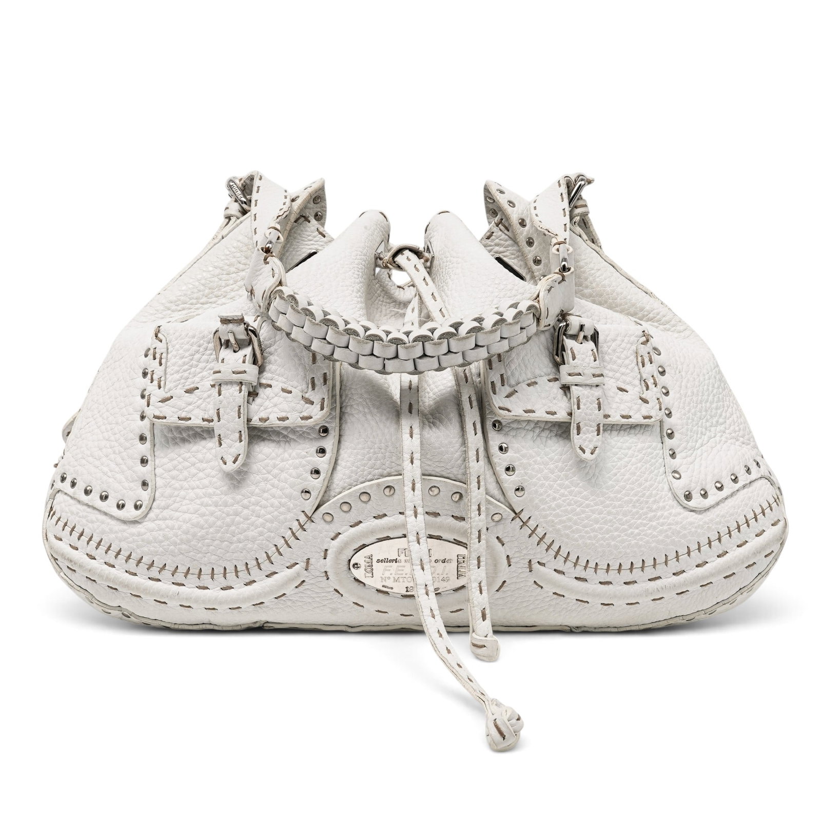 Fendi White Selleria Leather Drawstring Hobo: Fendi White Selleria Leather Drawstring Hobo 2000's, Italy Fendi Selleria Drawstring Hobo crafted from white Selleria leather with signature hand-stitched detailing. Features a drawstring closure and