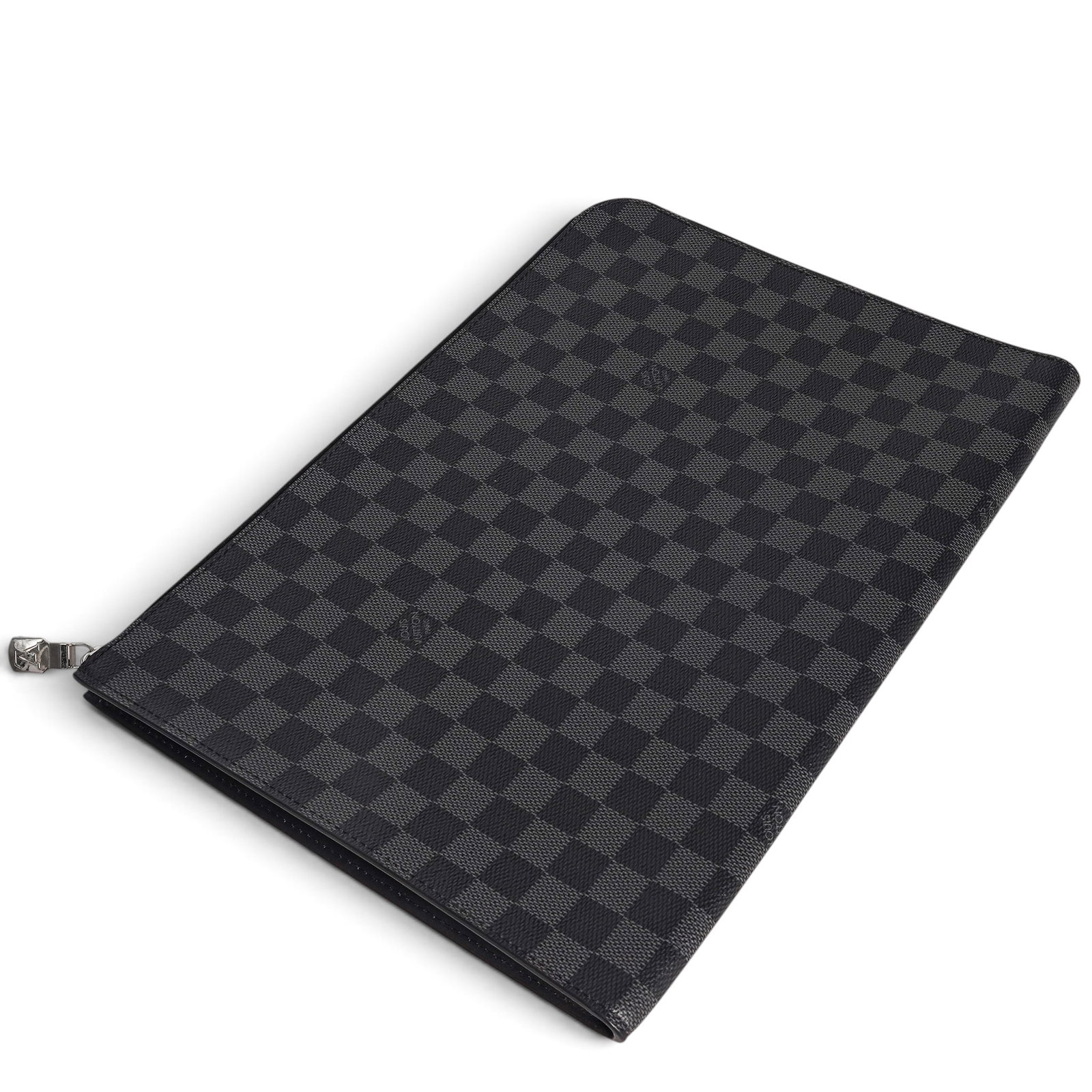 Louis Vuitton "Pochette Jour GM" Damier Graphite: Louis Vuitton "Pochette Jour GM" Damier Graphite 2018, France Louis Vuitton Pochette Jour GM crafted from Damier Graphite coated canvas with a wraparound zip closure and spacious interior featuring a