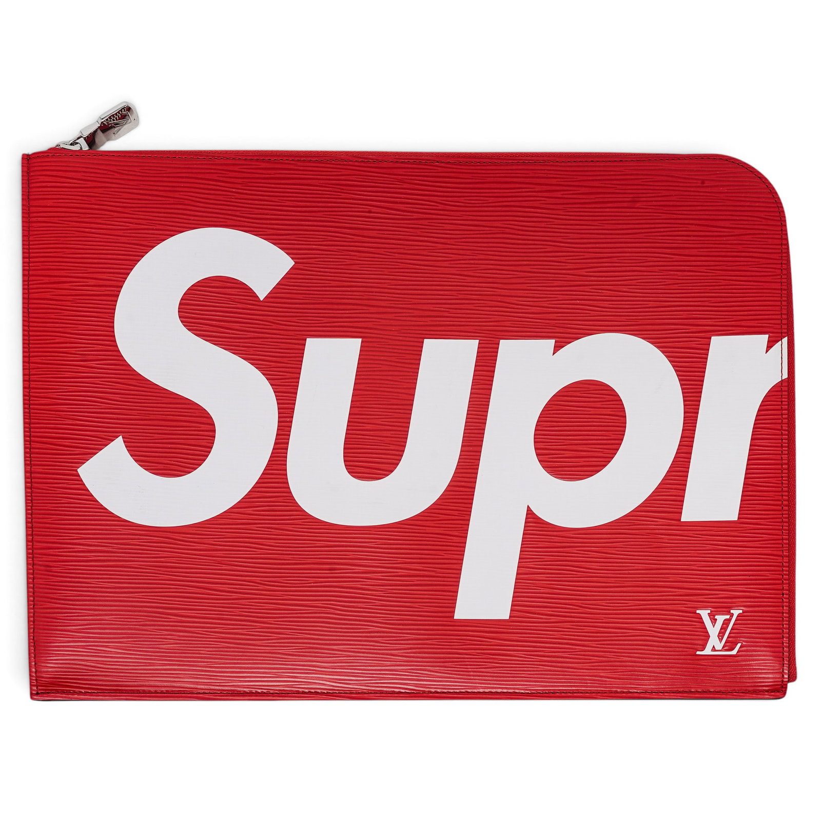 Louis Vuitton x Supreme Red Epi Leather Poche Documents: Louis Vuitton x Supreme Red Epi Leather Poche Documents 2017, France Louis Vuitton x Supreme Pochette Documents crafted from red Epi leather, featuring the signature Supreme box logo and Louis