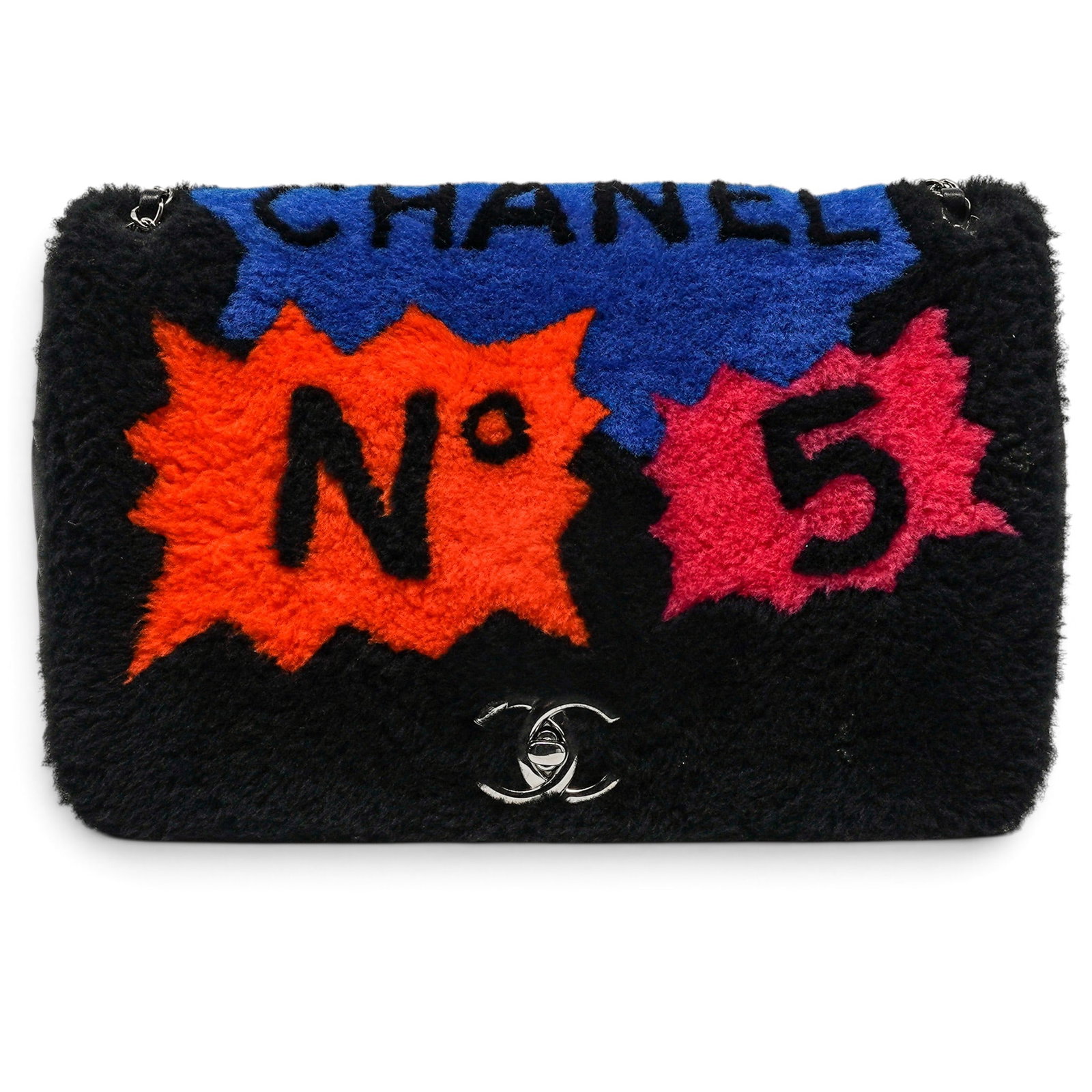 Chanel Pop Art No.5 Shearling & Lambskin Flap Bag: Chanel Pop Art No.5 Shearling & Lambskin Flap Bag 2014, France Chanel Pop Art No. 5 Flap Bag crafted from black shearling and lambskin with colorful pop art-inspired patchwork and signature No. 5