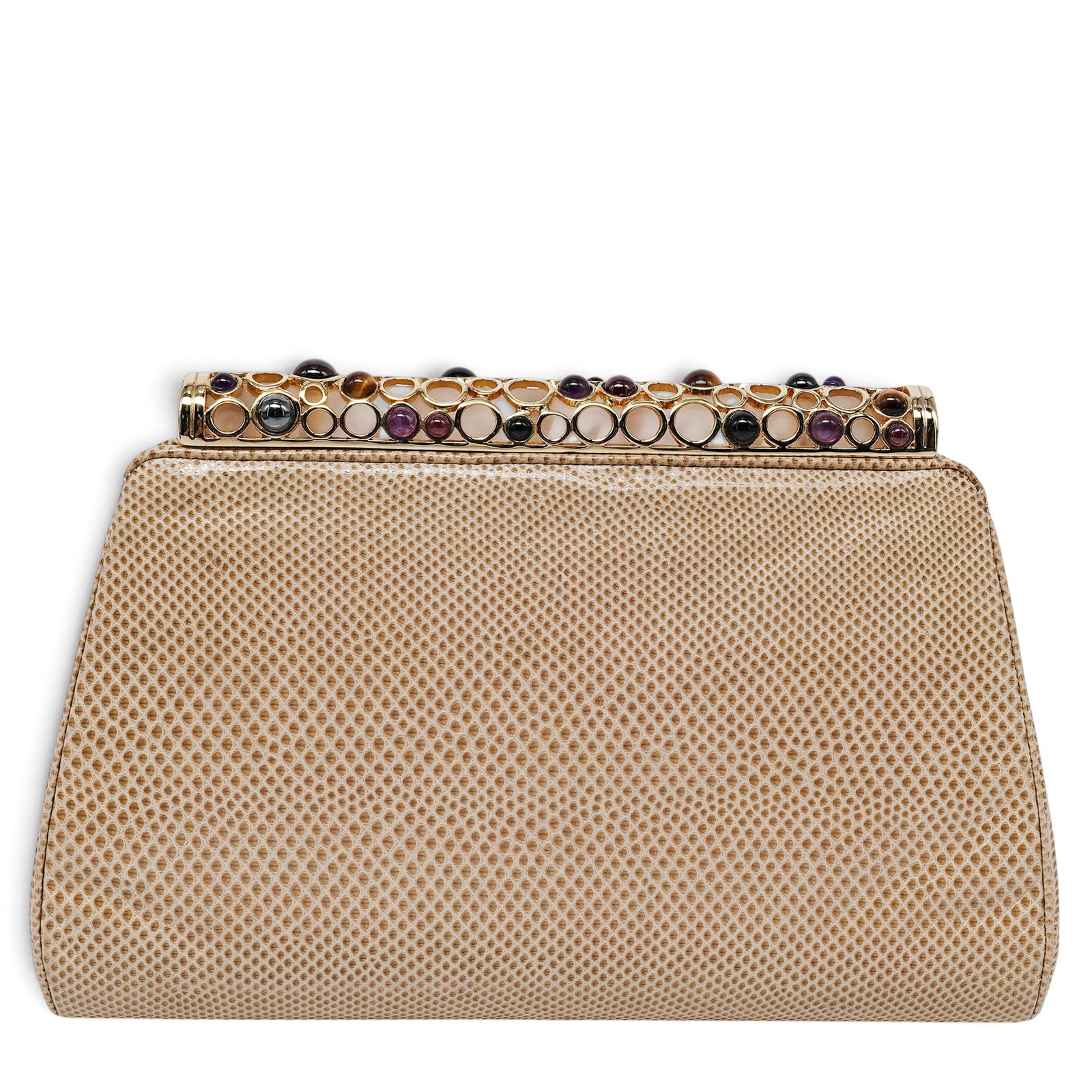 Judith Leiber Beige Lizard Gemstone Studded Clutch with Strap: Judith Leiber Beige Lizard Gemstone Studded Clutch with Strap 1998, New York Property of a Real Housewife of Miami: Lea Black Judith Leiber Beige Lizard Clutch crafted from genuine beige lizard skin,