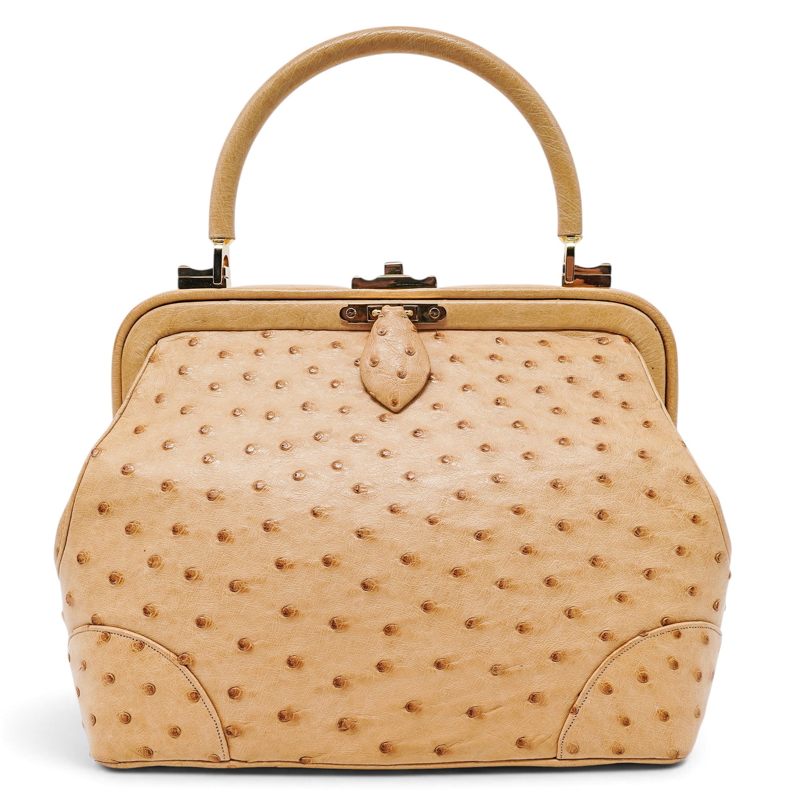Judith Leiber Tan Ostrich Top Handle Satchel Bag: Judith Leiber Tan Ostrich Top Handle Satchel Bag 2001, New York Property of a Real Housewife of Miami: Lea Black Judith Leiber Vintage Tan Ostrich Top Handle Handbag crafted from luxurious genuine