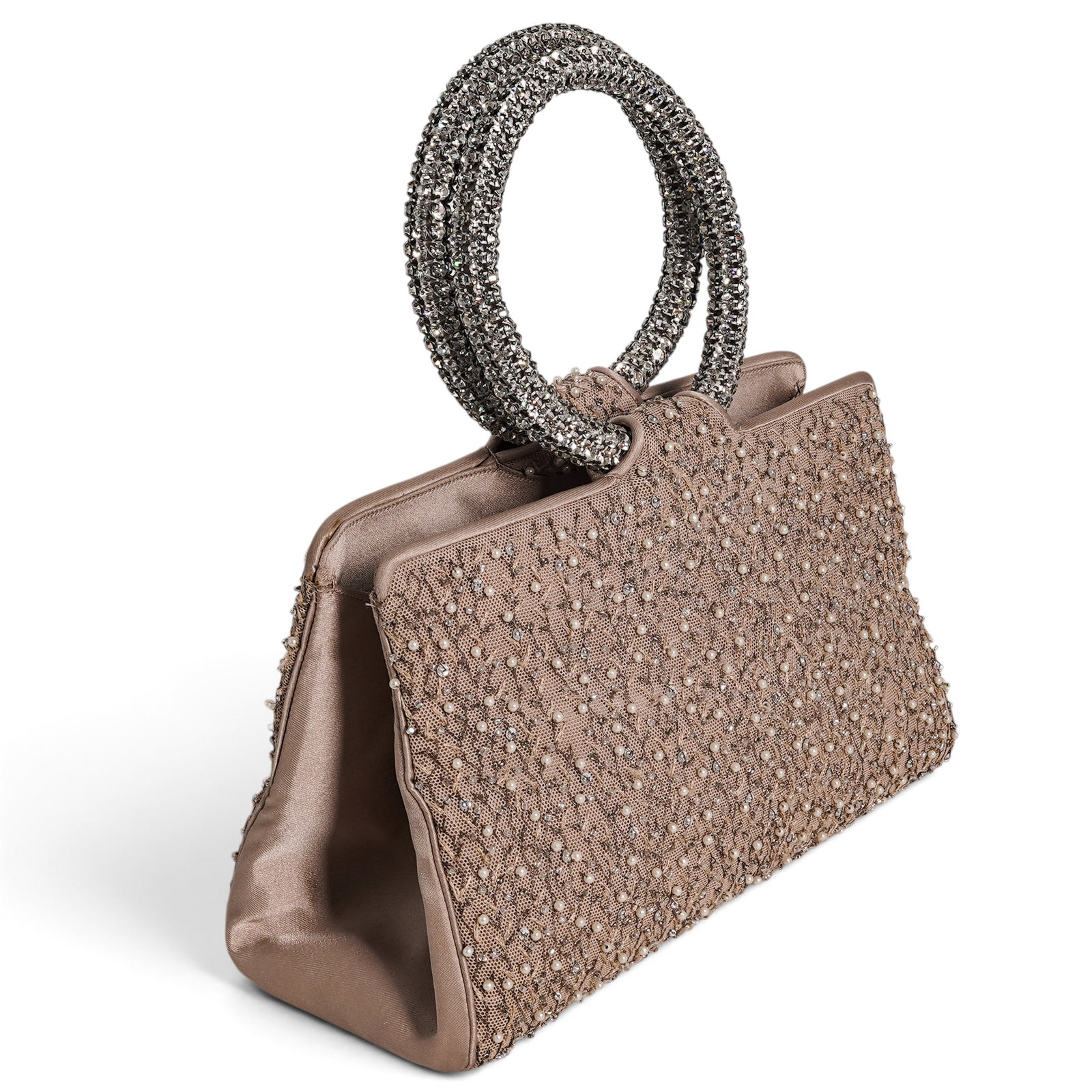 Judith Leiber Satin & Pearl Beaded Crystal Handle Bag: Judith Leiber Satin & Pearl Beaded Crystal Handle Bag 2000's, New York Judith Leiber Pearl beaded detail satin top handle bag featuring crystal-studded handles and polished hardware. Features a