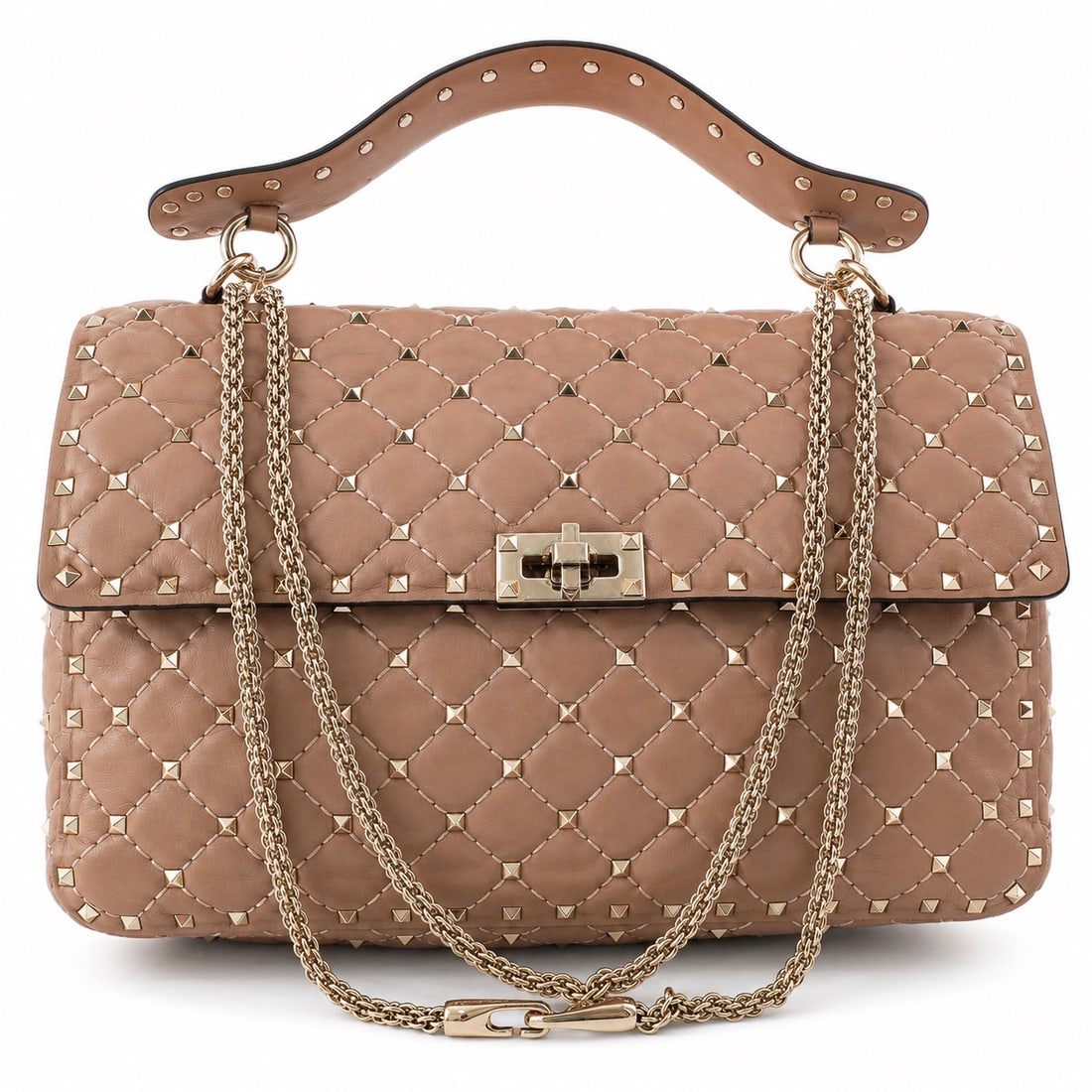 Valentino "Rockstud Spike" Beige Leather Shoulder Bag Large: Valentino "Rockstud Spike" Beige Leather Shoulder Bag Large 2020's, Italy Valentino Garavani Rockstud Spike Large Shoulder Bag crafted from Poudre beige nappa leather with quilted construction and