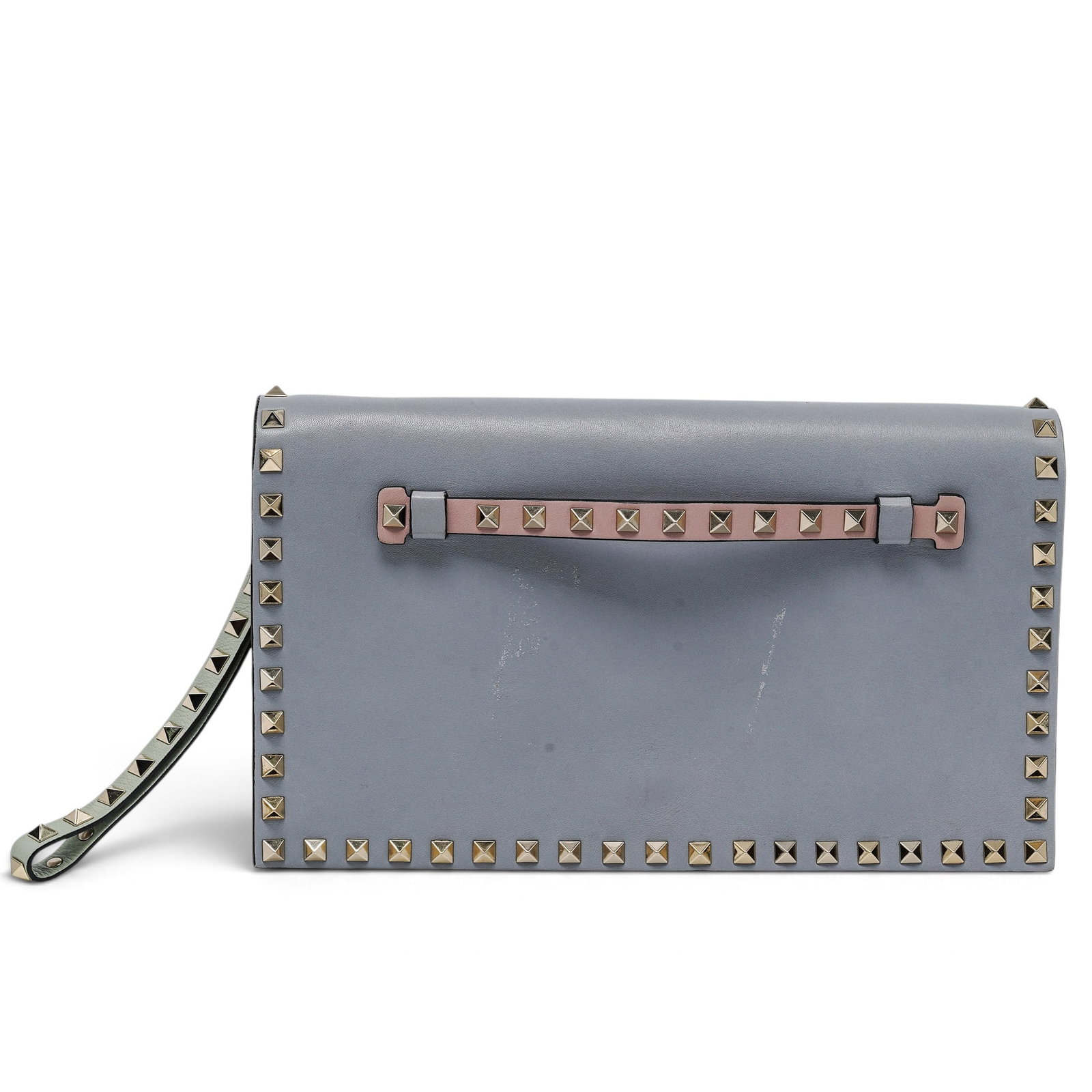 Valentino "Rockstud" Tri-Color Pastel Cutch: Valentino "Rockstud" Tri-Color Pastel Cutch 2010's, Italy Valentino Rockstud Clutch featuring a yellow, blue, and pink pastel colorway with signature platinum-finish Rockstuds. Lined in leather and