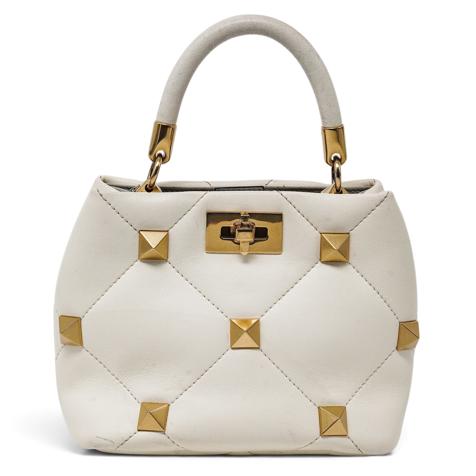 Valentino "Roman Stud" White Leather Top Handle Bag: Valentino "Roman Stud" White Leather Top Handle Bag 2024, Italy Valentino Roman Stud Top Handle Bag crafted from white leather with signature oversized Roman Studs and polished hardware. Features a