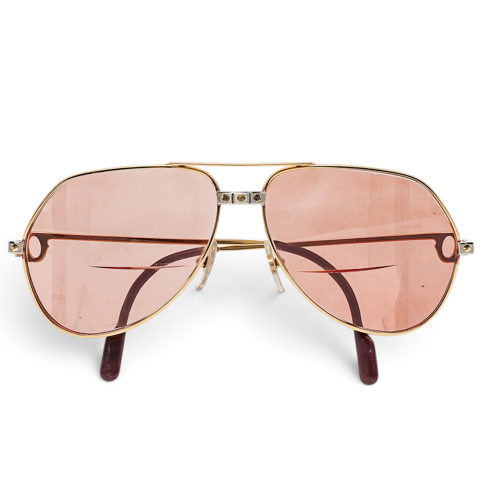 Cartier "Santos" Vintage Gold-Plated Aviator Sunglasses: Cartier "Santos" Vintage Gold-Plated Aviator Sunglasses 1980's, France Cartier Vintage Santos aviator sunglasses with a gold-plated metal frame and signature exposed screw detailing inspired by the Sa