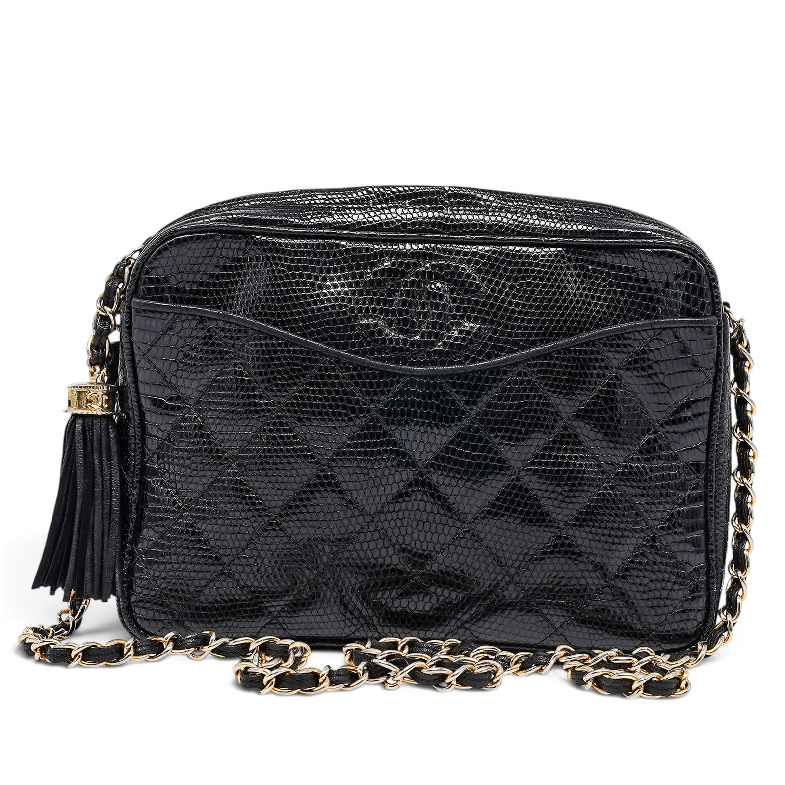 Chanel Tassel Camera Bag Black Lizard: Chanel Tassel Camera Bag Black Lizard 1988, Italy Chanel Vintage Tassel Camera Bag crafted from black quilted lizard with a 24k gold-plated chain, signature CC detailing, and leather tassel zipper pul