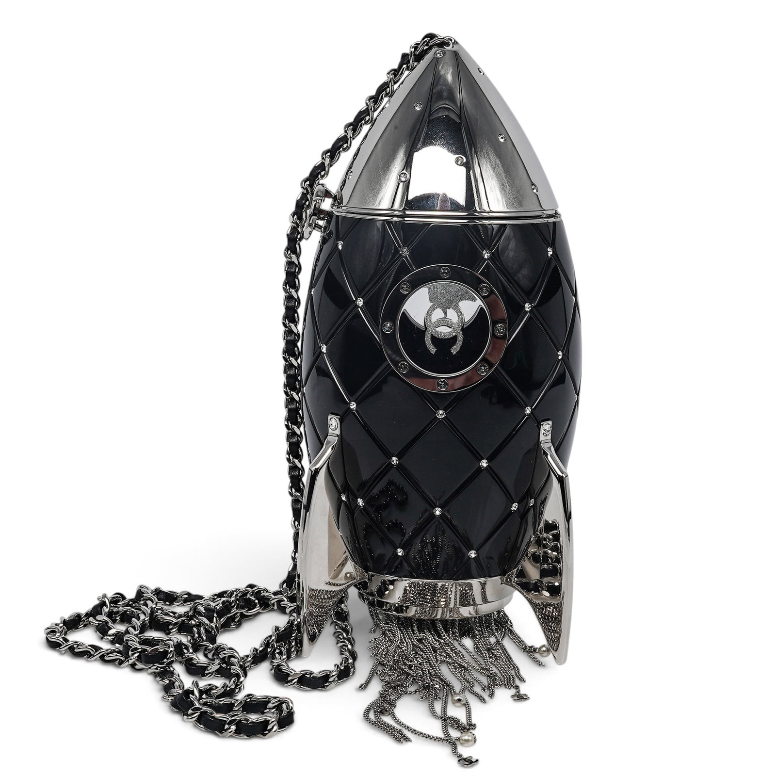 Chanel "Rocketship" Black Plexiglass Minaudiere: Chanel "Rocketship" Black Plexiglass Minaudiere 2017, Italy Chanel Black Plexiglass Crystal Rocketship Minaudière from 2017, crafted from glossy black plexiglass with sparkling crystal detailing. Fea
