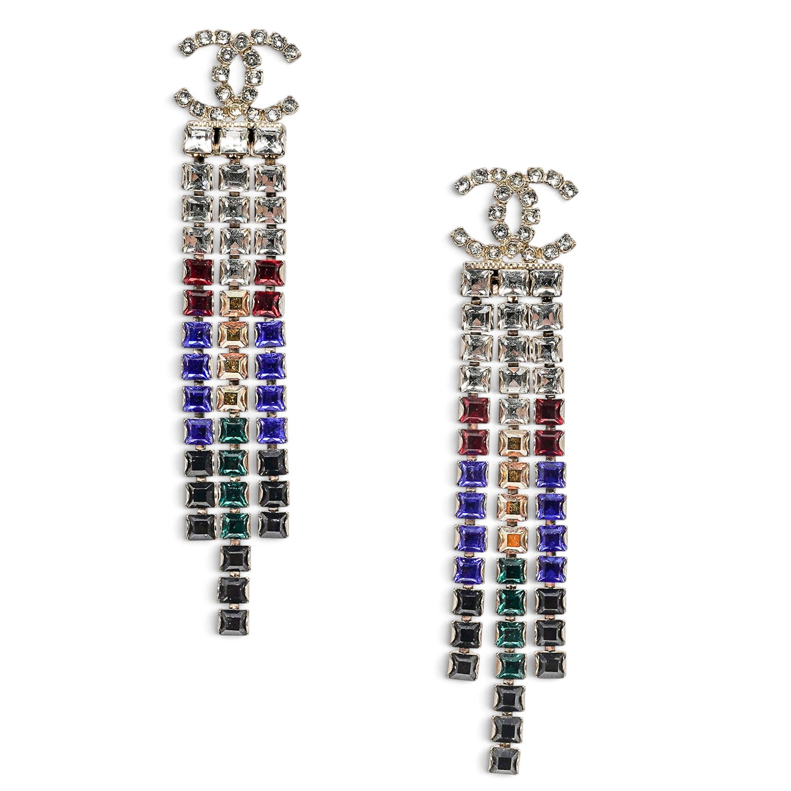 Chanel Rainbow Crystal Mesh & Strass Paris-Egypt Earrings: Chanel Rainbow Crystal Mesh & Strass Paris-Egypt Earrings 2019, France Chanel Rainbow Crystal Mesh & Strass Paris-Egypt Earrings featuring colorful crystal mesh and sparkling strass detailing. 3.62" L