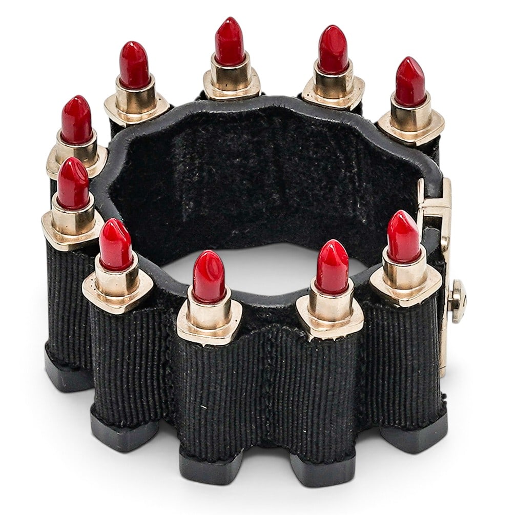 Chanel Lipstick Ammunition Cuff Bracelet: Chanel Lipstick Ammunition Cuff Bracelet 2014, Italy Chanel Lipstick Ammunition Cuff Bracelet featuring a bold ammunition-round holder design with the signature Chanel aesthetic. A distinctive and col