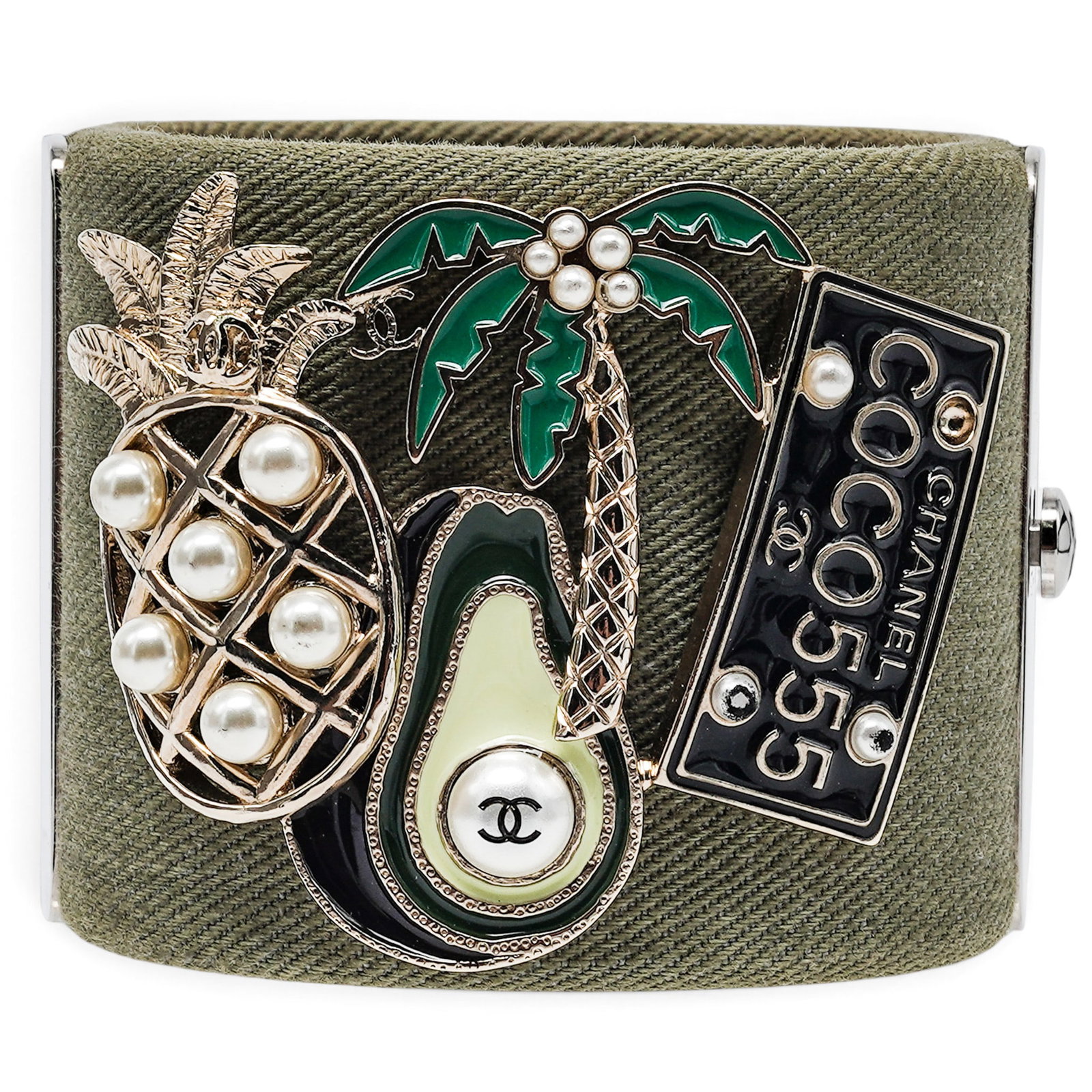 Chanel Paris-Cuba Green Khaki Canvas Charm Cuff: Chanel Paris-Cuba Green Khaki Canvas Charm Cuff 2016, France Chanel Paris-Cuba Charm Cuff crafted from green khaki canvas, featuring decorative faux pearls, enamel, metal charms and signature Chanel d
