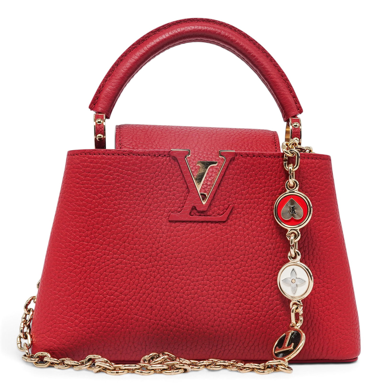 Louis Vuitton "Capucines Mini" Red Taurillon Leather: Louis Vuitton "Capucines Mini" Red Taurillon Leather 2020's, France Louis Vuitton Capucines Mini crafted from red Taurillon leather with the signature LV clasp, structured silhouette, and top handle. 