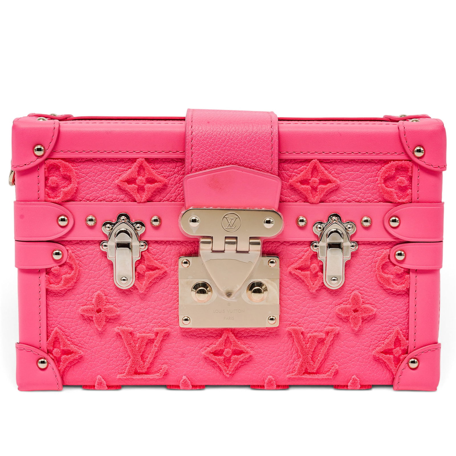 Louis Vuitton "Petite Malle" Monogram Tuffetage in Rose Fluo: Louis Vuitton "Petite Malle" Monogram Tuffetage in Rose Fluo 2022, France Louis Vuitton Petite Malle featuring Monogram Tuffetage in Rose Fluo, with textured velvet monogram detailing and gold-tone ha
