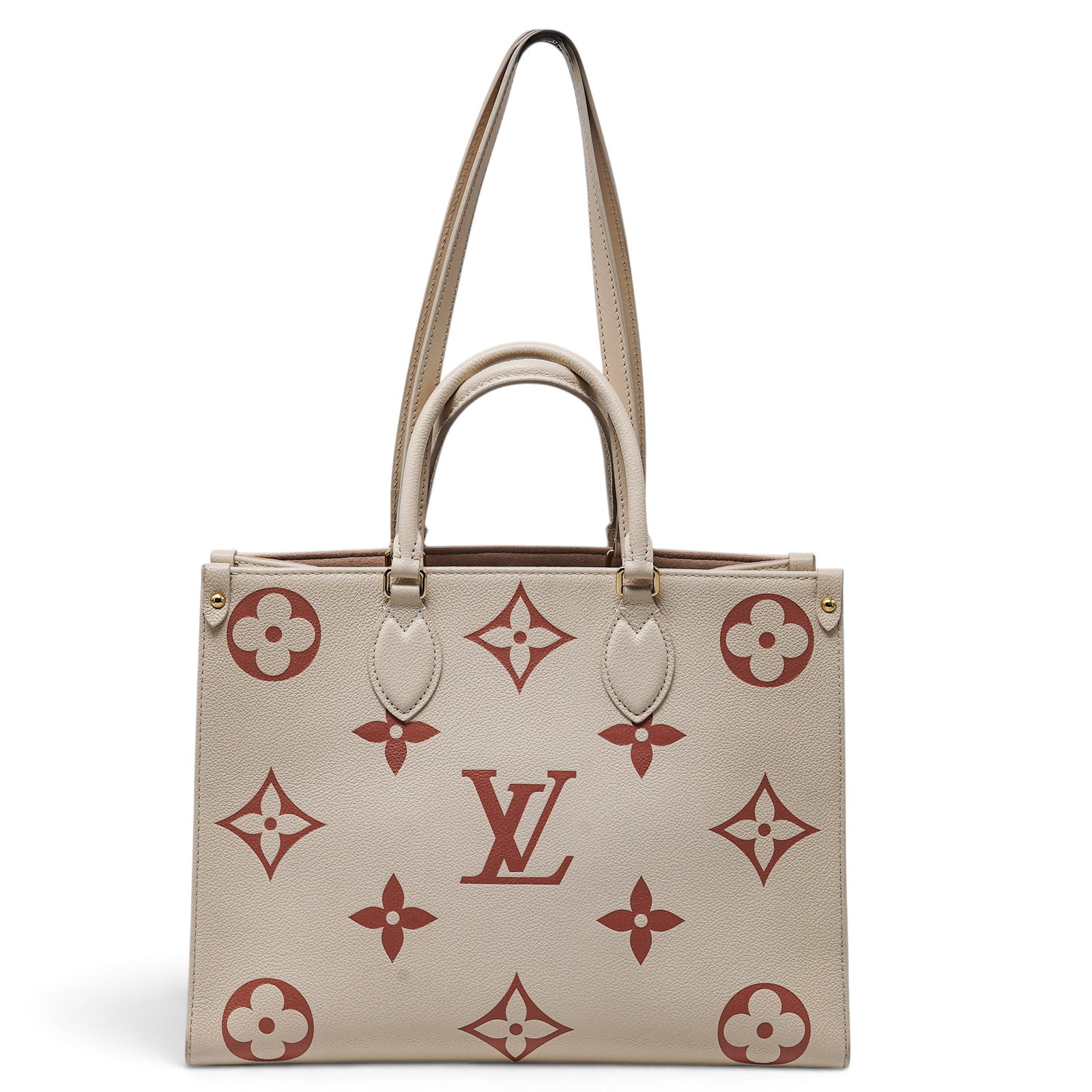 Louis Vuitton "OnTheGo" MM Giant Monogram Empriente Leather: Louis Vuitton "OnTheGo" MM Giant Monogram Empriente Leather 2020's, France Louis Vuitton "OnTheGgo" MM featuring Empreinte Monogram Giant canvas in Crème Rose Trianon, with oversized Monogram detaili