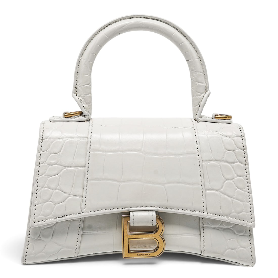 Balenciaga XS "Hourglass" Bag White Crocodile-Embossed Leather: Balenciaga XS "Hourglass" Bag White Crocodile-Embossed Leather 2020's, France Balenciaga XS Hourglass Bag crafted from matte white crocodile-embossed leather, featuring the signature curved silhouette