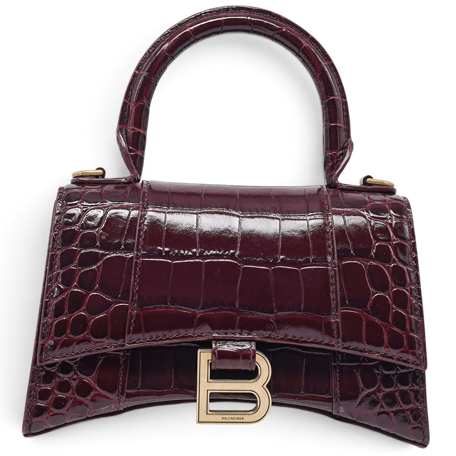 Balenciaga XS "Hourglass" Bag Burgundy Crocodile-Embossed Leather: Balenciaga XS "Hourglass" Bag Burgundy Crocodile-Embossed Leather 2020's, France Balenciaga XS Hourglass Bag crafted from shiny burgundy crocodile-embossed leather, featuring the signature curved silh